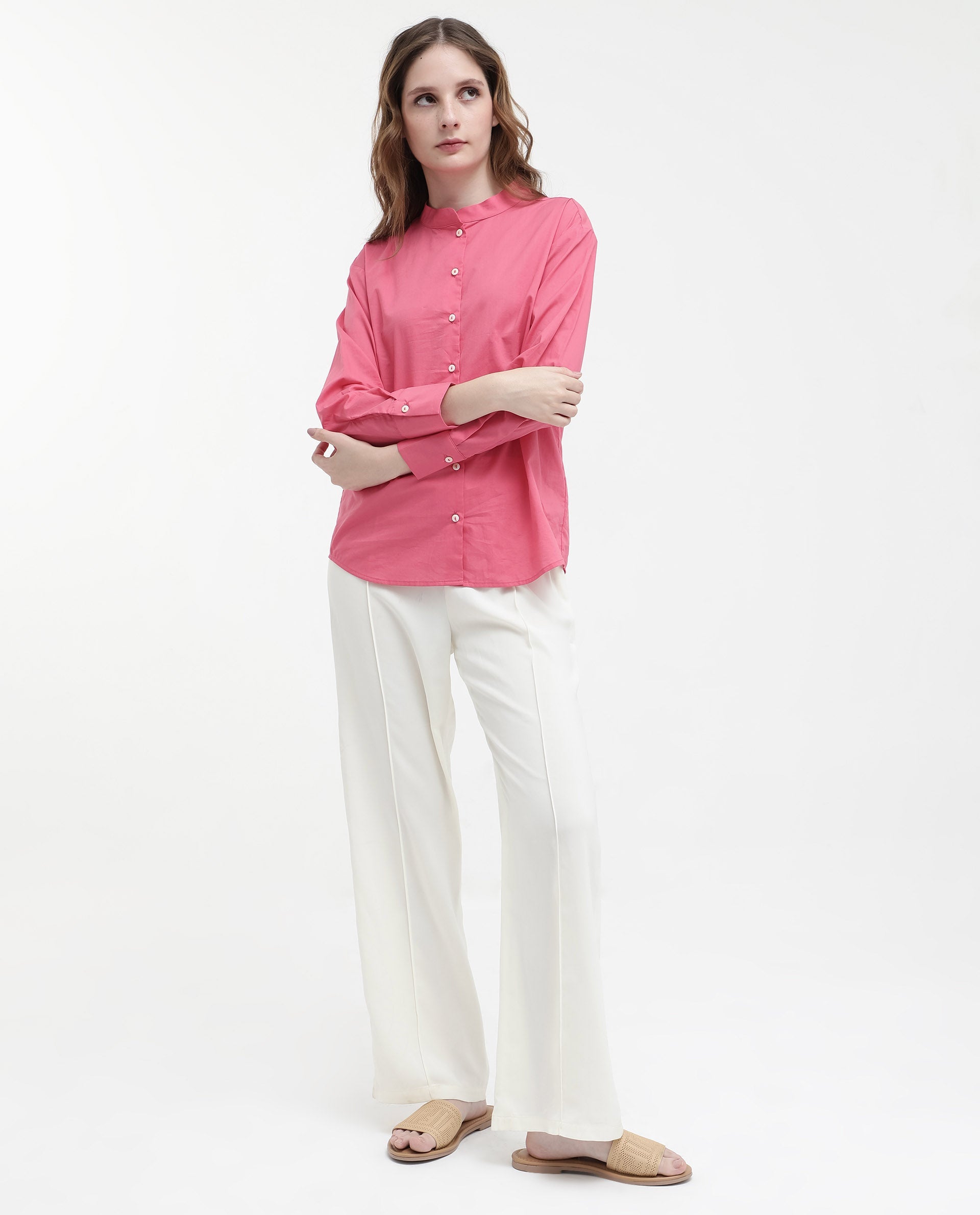 Women'S Aytac Light Pink Cotton Fabric Mandarin Collar Solid Shirt