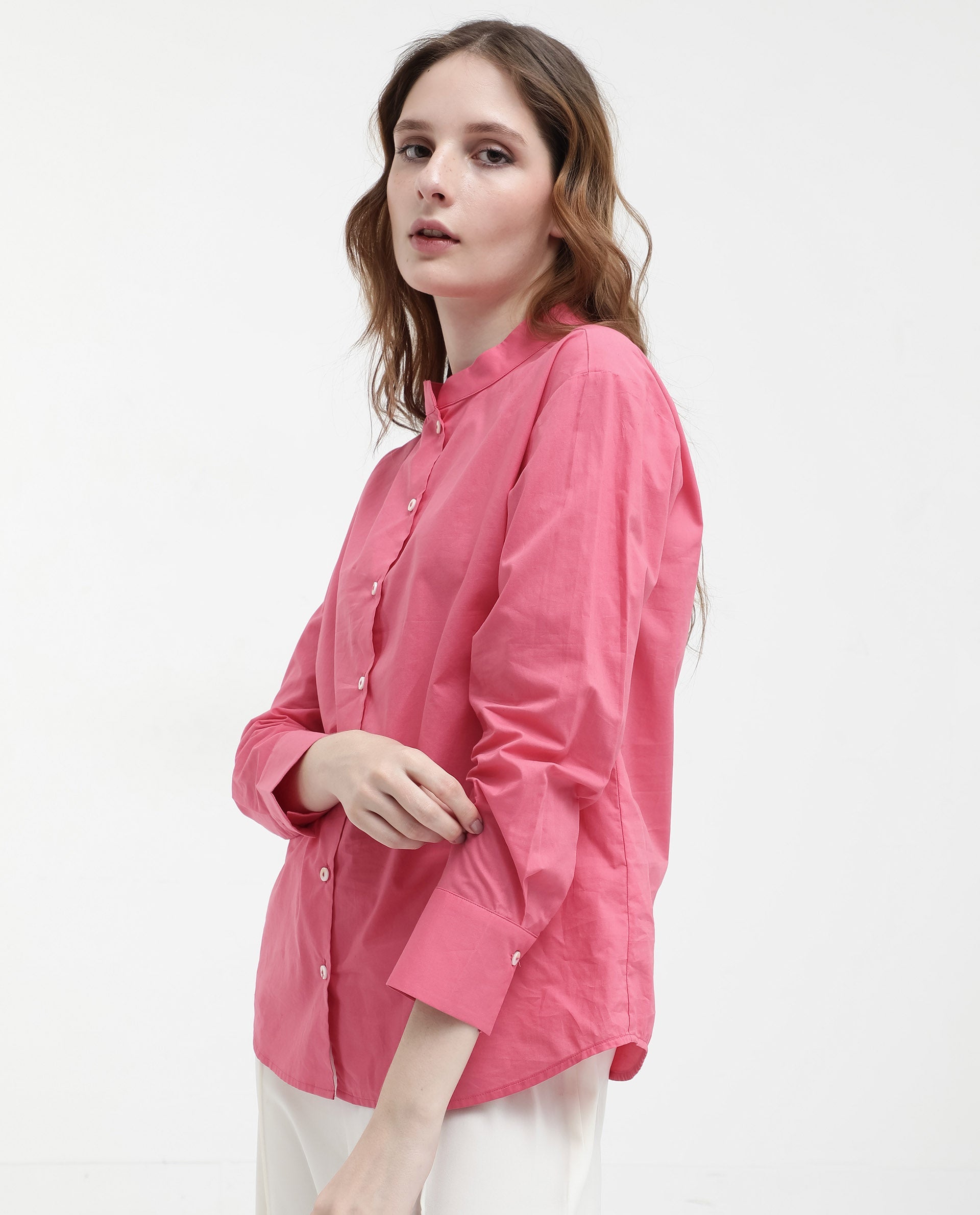 Women'S Aytac Light Pink Cotton Fabric Mandarin Collar Solid Shirt