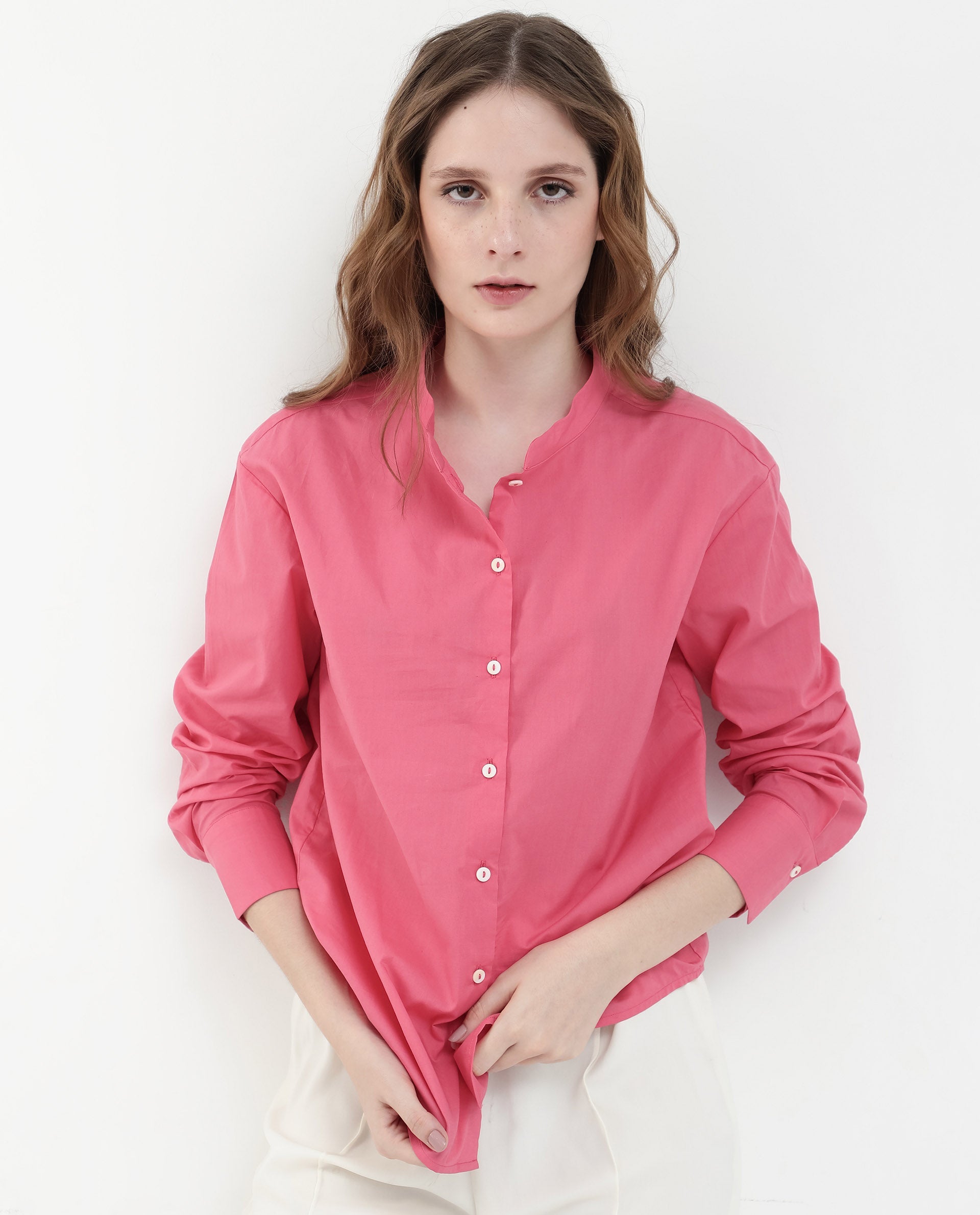 Women'S Aytac Light Pink Cotton Fabric Mandarin Collar Solid Shirt