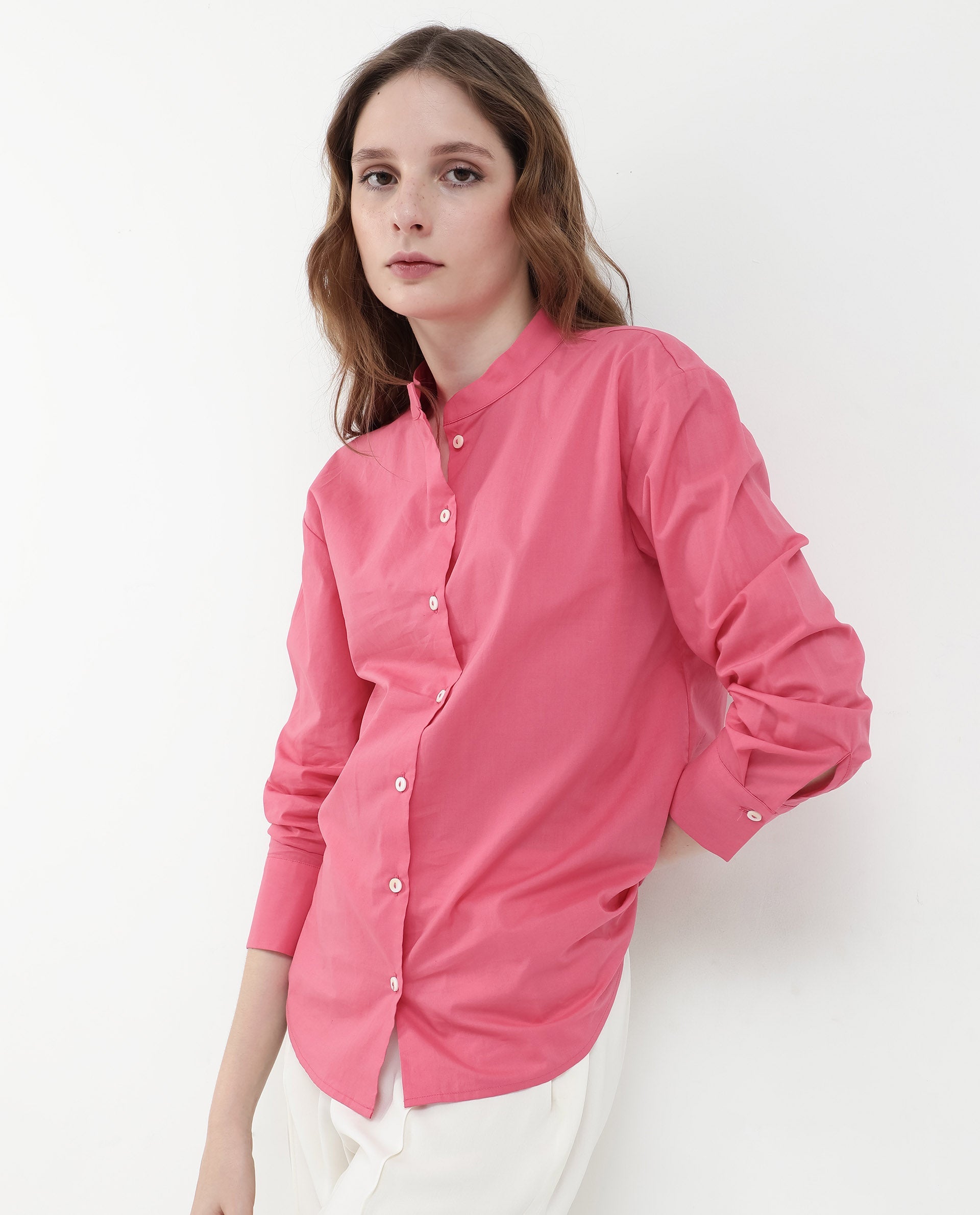 Women'S Aytac Light Pink Cotton Fabric Mandarin Collar Solid Shirt