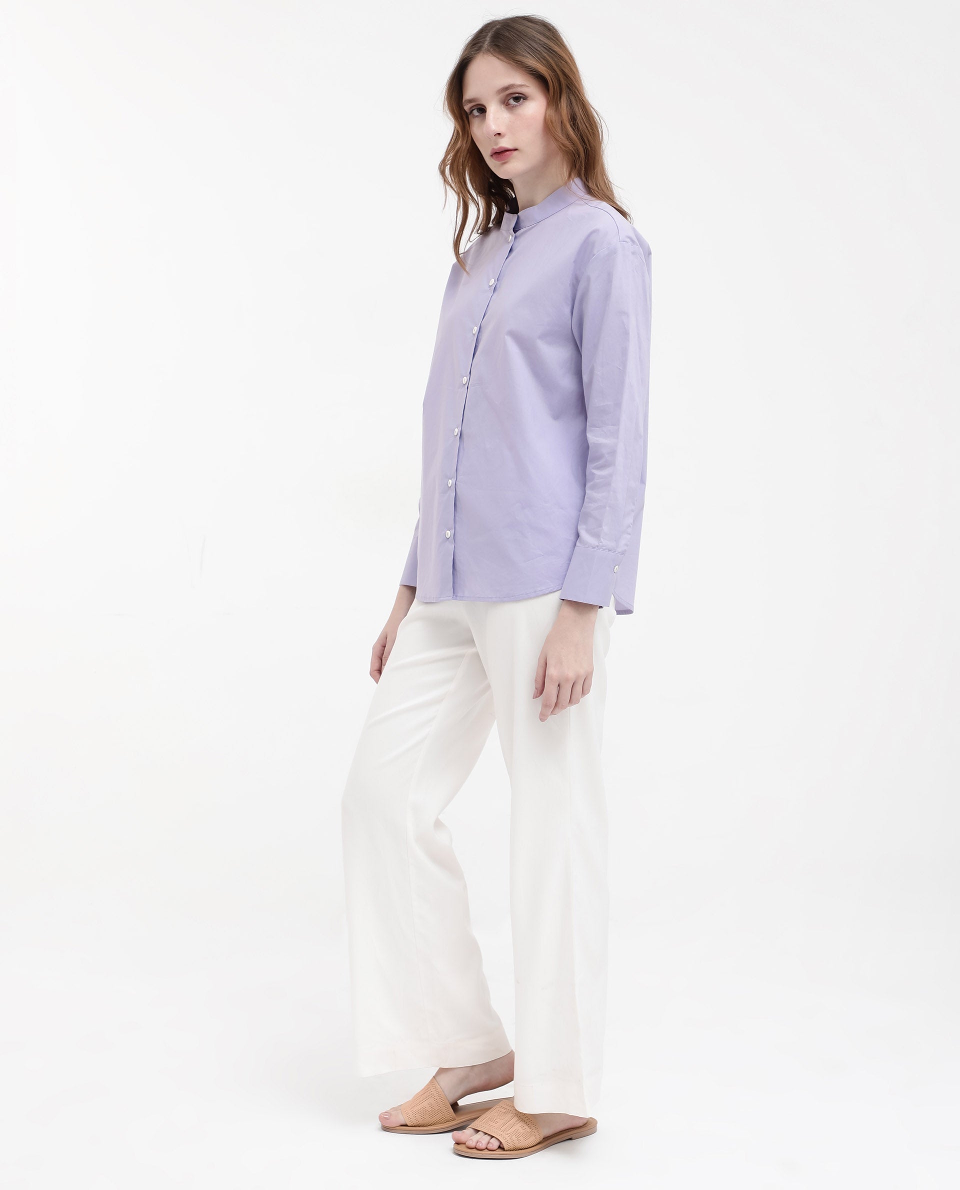 Women'S Aytac Light Purple Cotton Fabric Mandarin Collar Solid Shirt