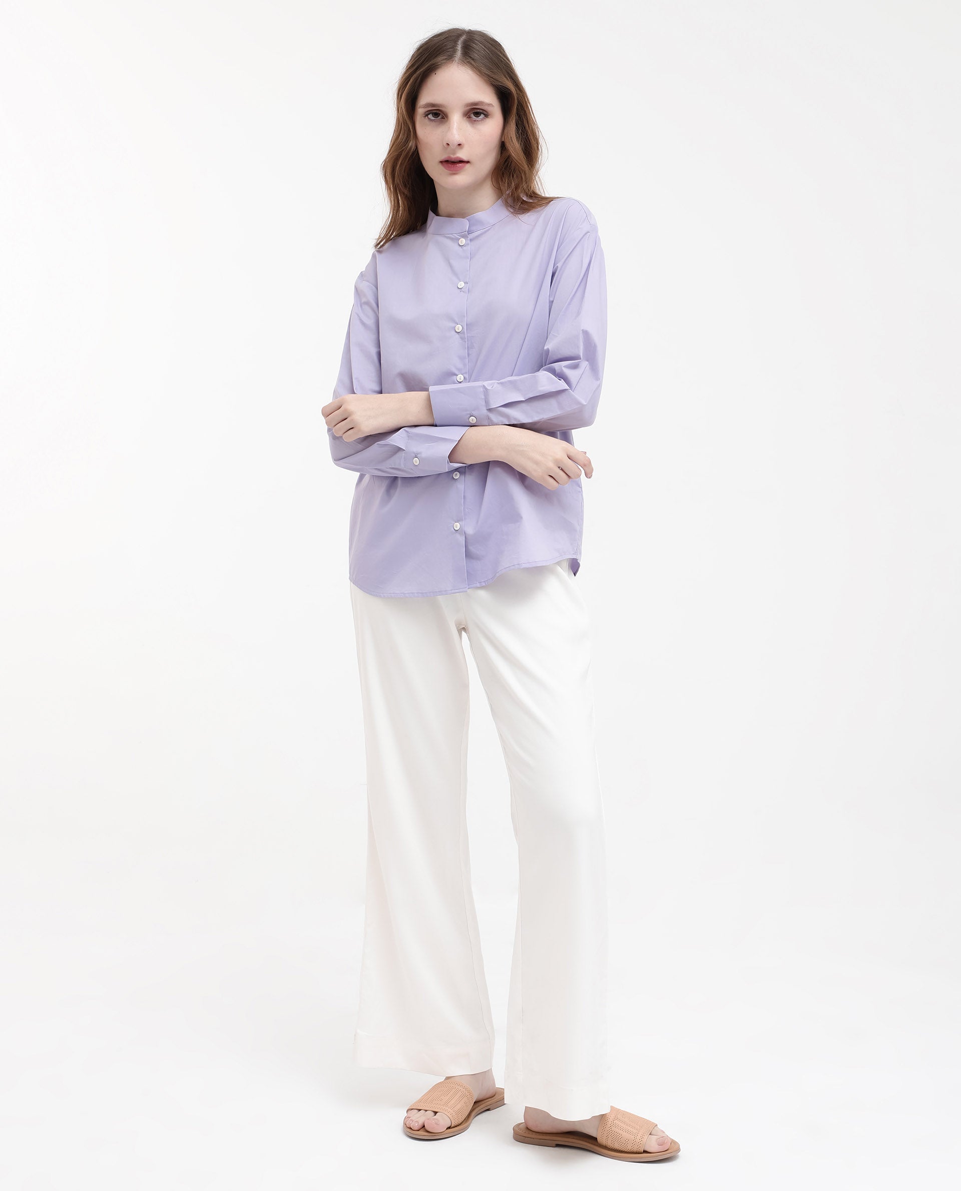 Women'S Aytac Light Purple Cotton Fabric Mandarin Collar Solid Shirt