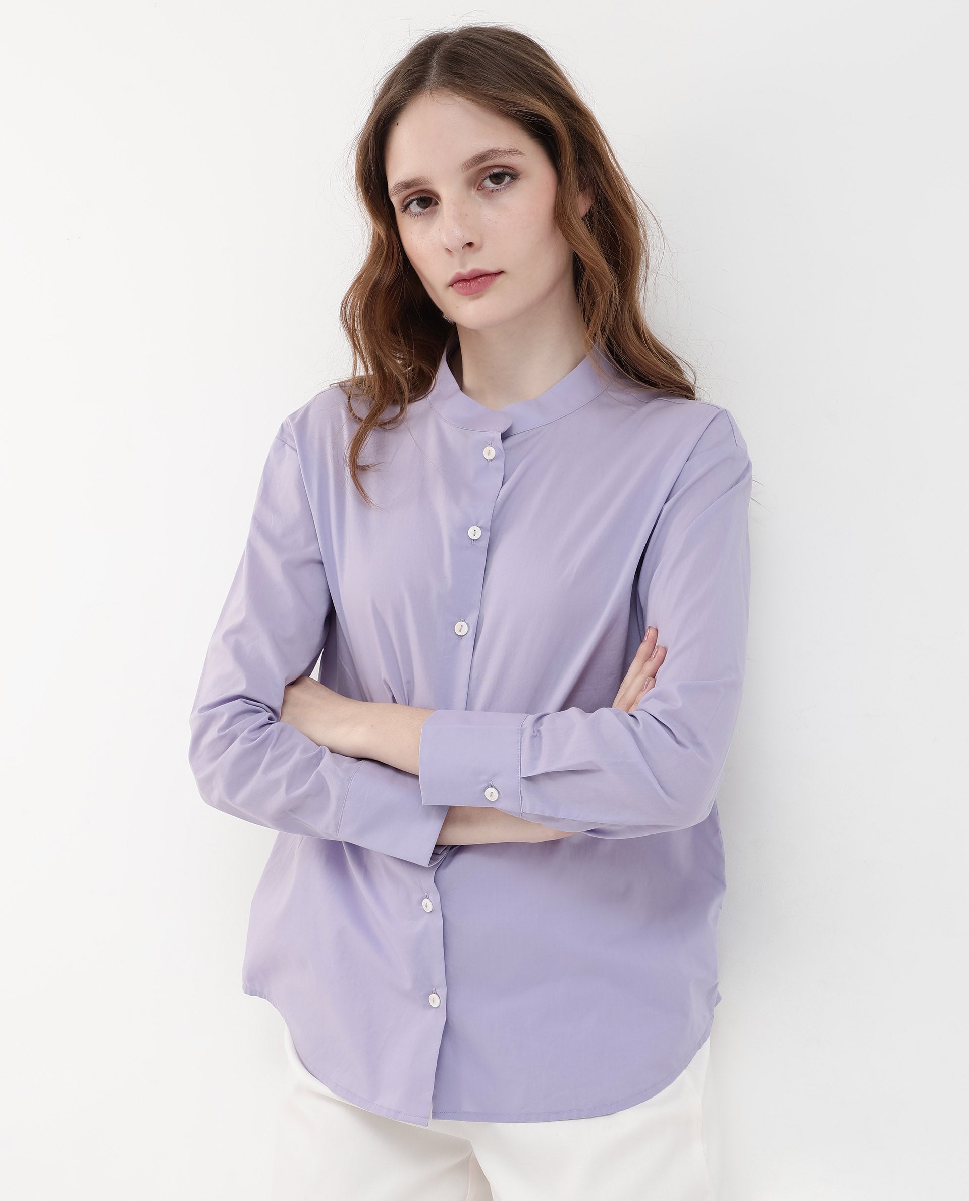 Women'S Aytac Light Purple Cotton Fabric Mandarin Collar Solid Shirt