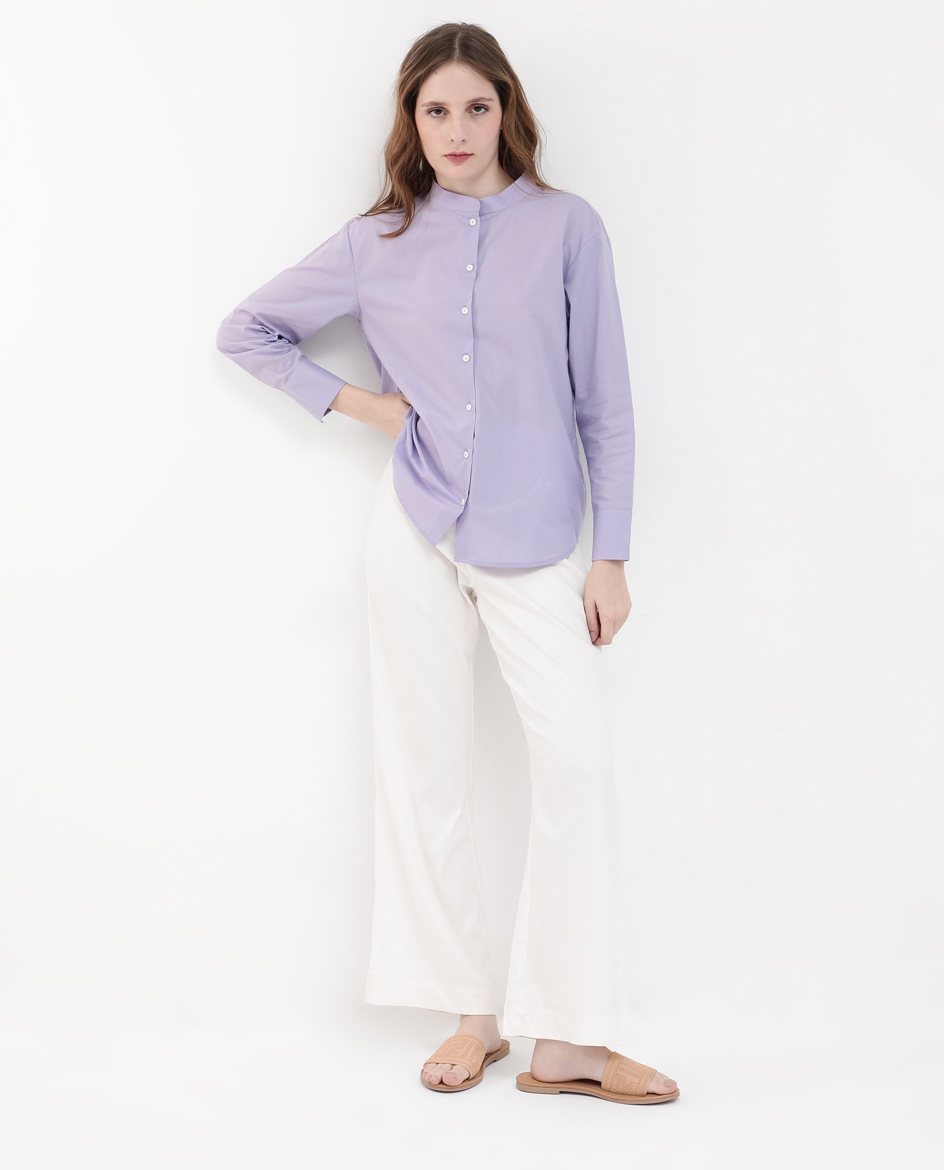 Women'S Aytac Light Purple Cotton Fabric Mandarin Collar Solid Shirt