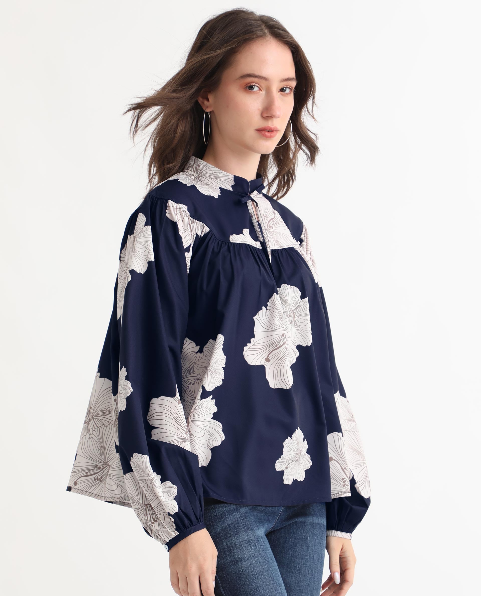 Women'S Azure Dark Navy Polyester Fabric Full Sleeves Tie-Up Closure High Neck Bishop Sleeve Relaxed Fit Floral Print Top