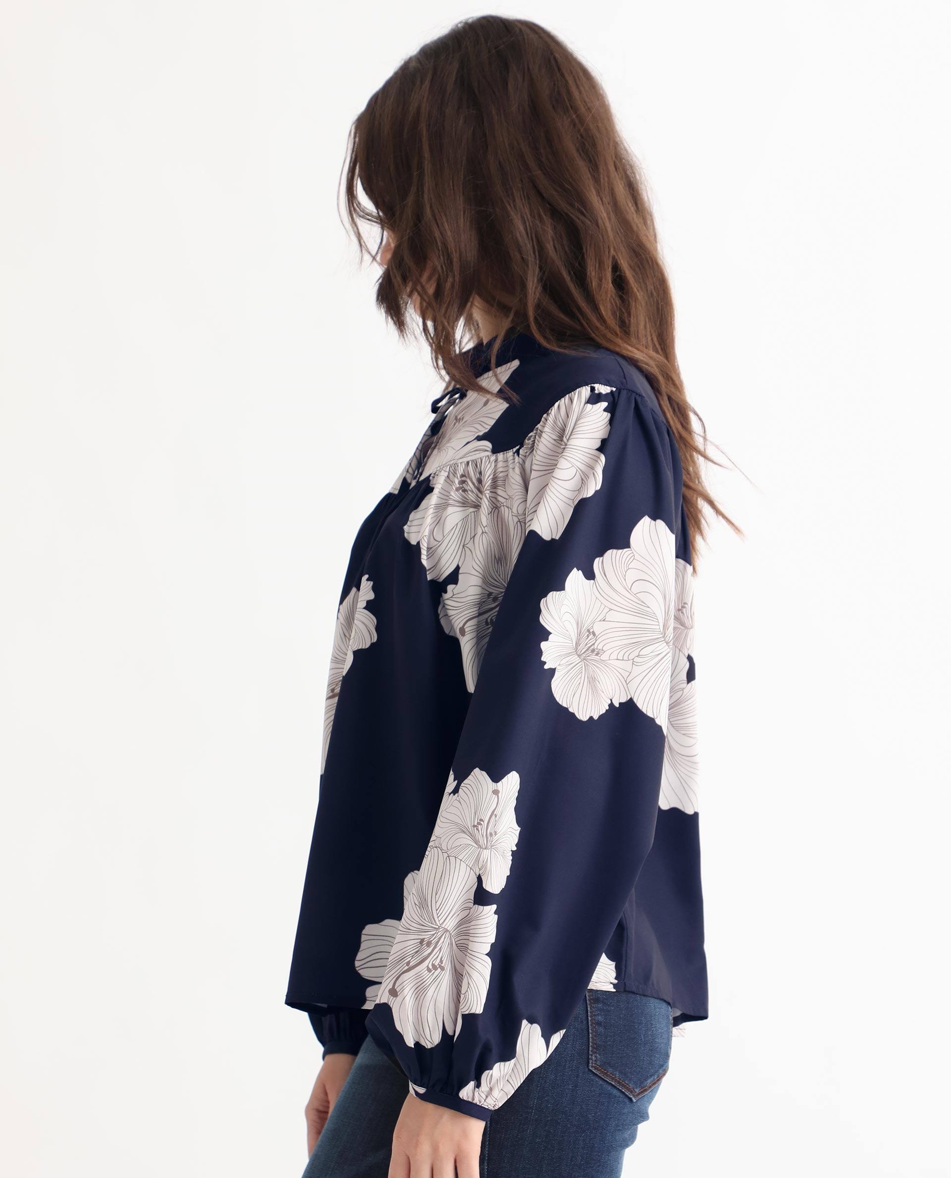 Women'S Azure Dark Navy Polyester Fabric Full Sleeves Tie-Up Closure High Neck Bishop Sleeve Relaxed Fit Floral Print Top