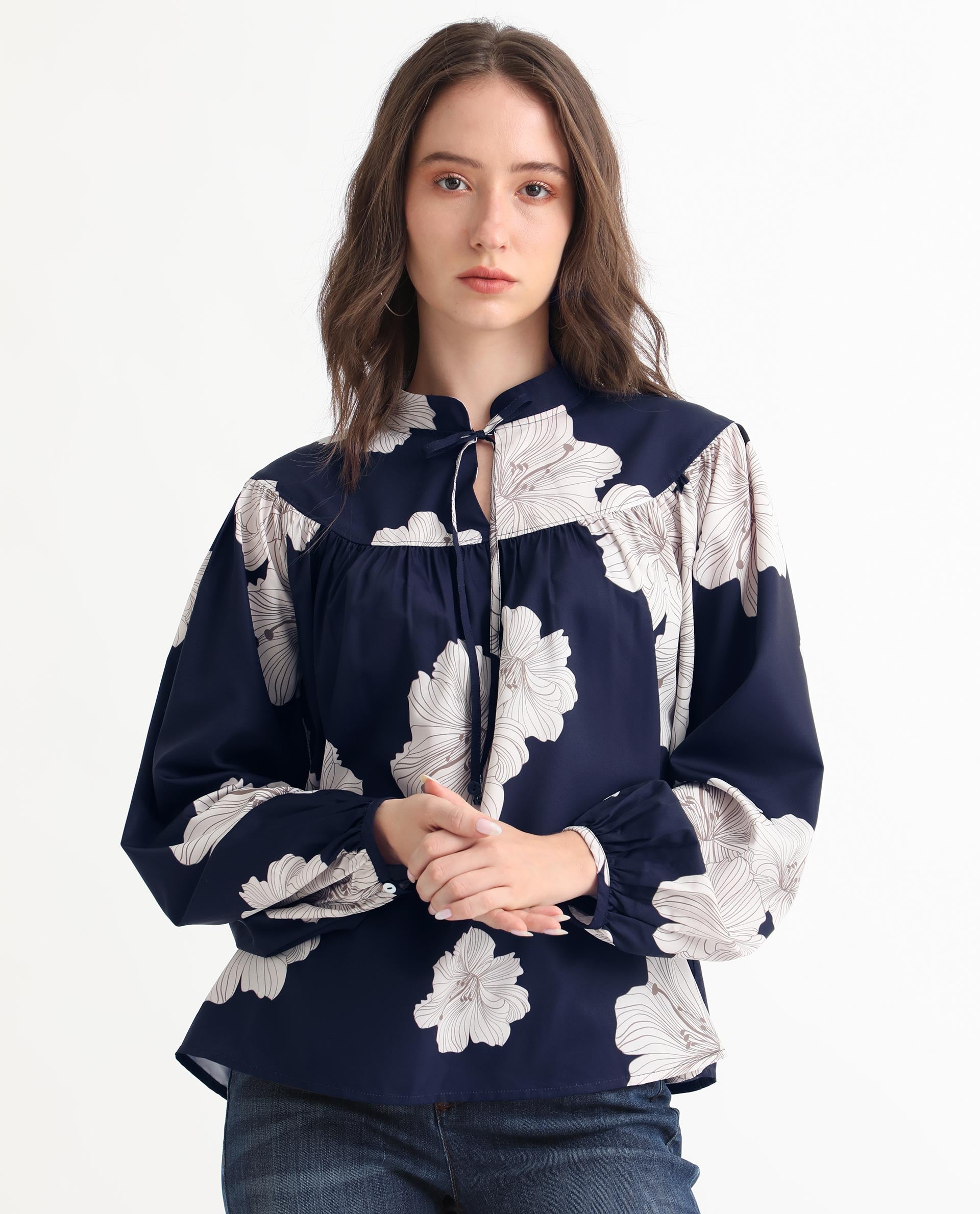 Women'S Azure Dark Navy Polyester Fabric Full Sleeves Tie-Up Closure High Neck Bishop Sleeve Relaxed Fit Floral Print Top