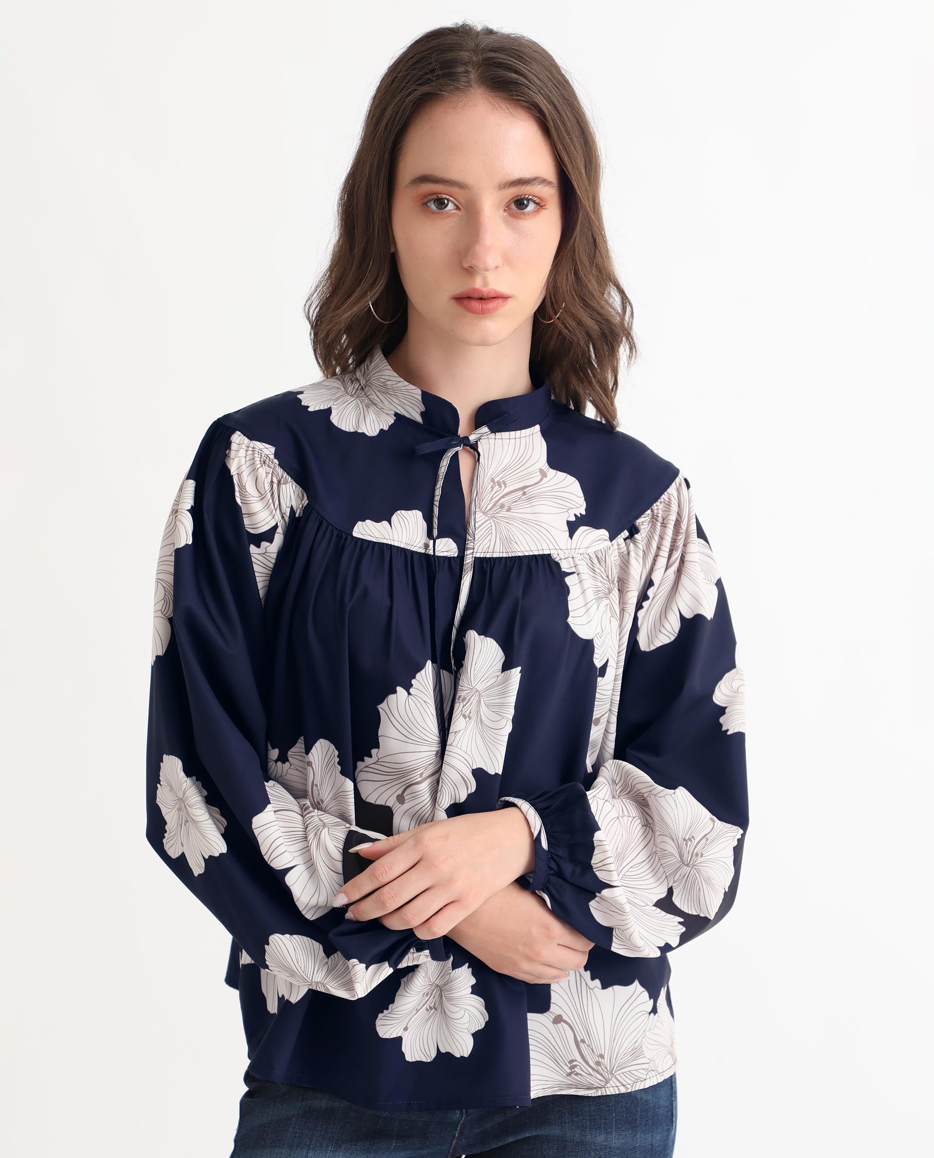 Women'S Azure Dark Navy Polyester Fabric Full Sleeves Tie-Up Closure High Neck Bishop Sleeve Relaxed Fit Floral Print Top