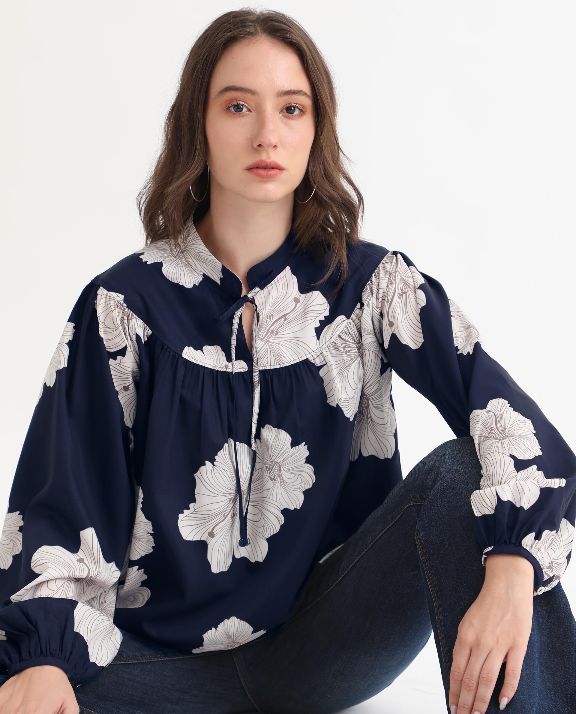 Women'S Azure Dark Navy Polyester Fabric Full Sleeves Tie-Up Closure High Neck Bishop Sleeve Relaxed Fit Floral Print Top