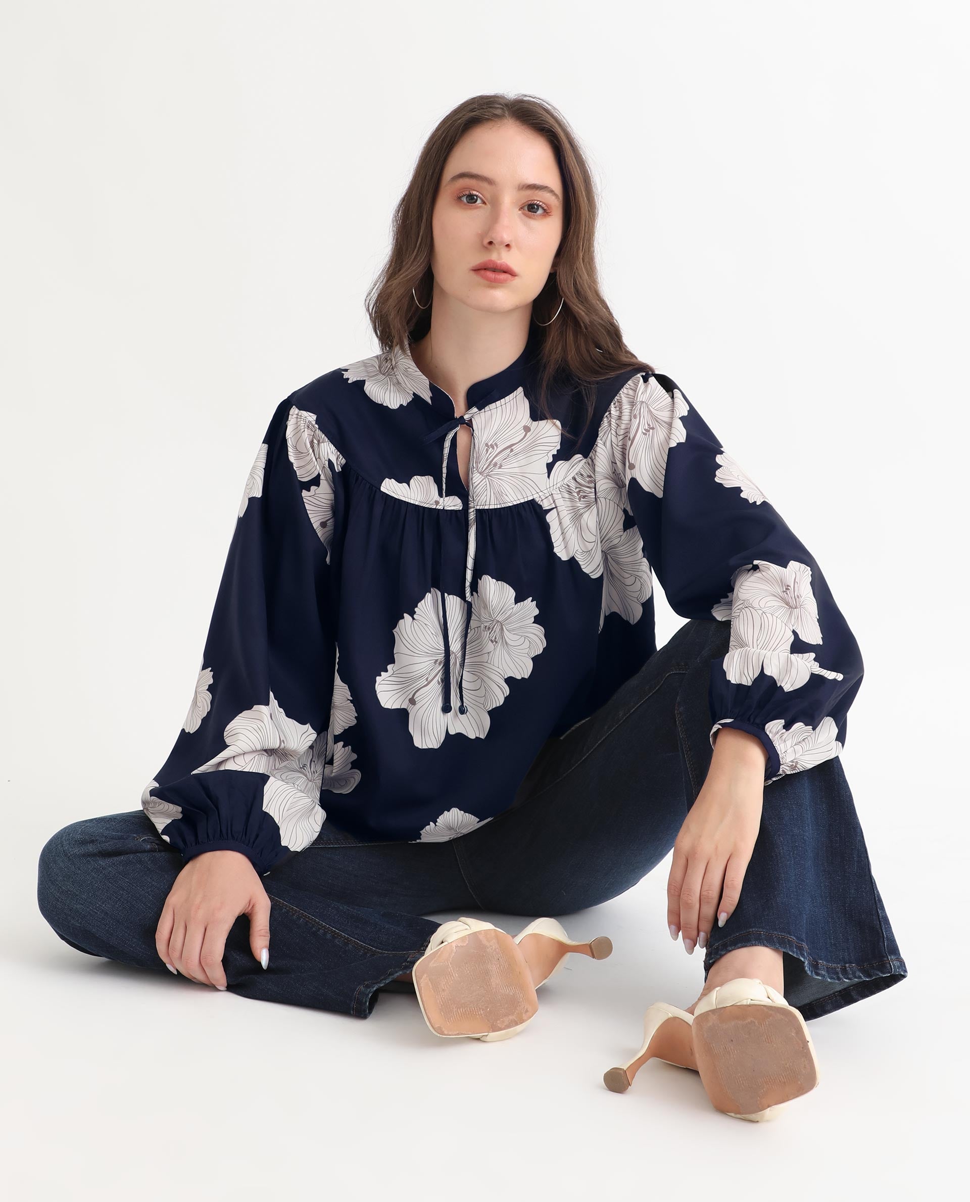 Women'S Azure Dark Navy Polyester Fabric Full Sleeves Tie-Up Closure High Neck Bishop Sleeve Relaxed Fit Floral Print Top