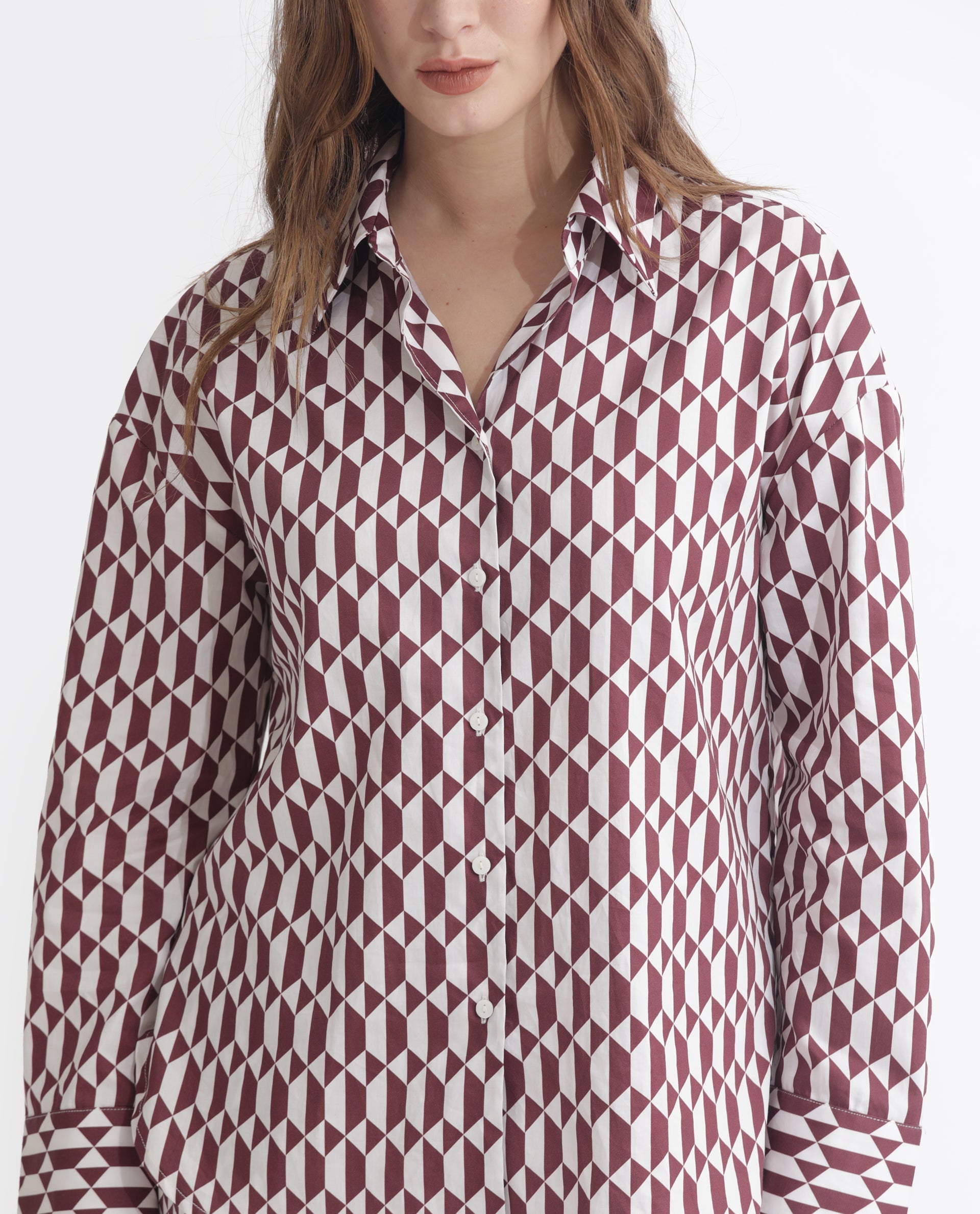 Women'S Azsure-T Light Brown Cotton Fabric Full Sleeves Button Closure Collared Neck Cuffed Sleeve Regular Fit Geometric Print Top