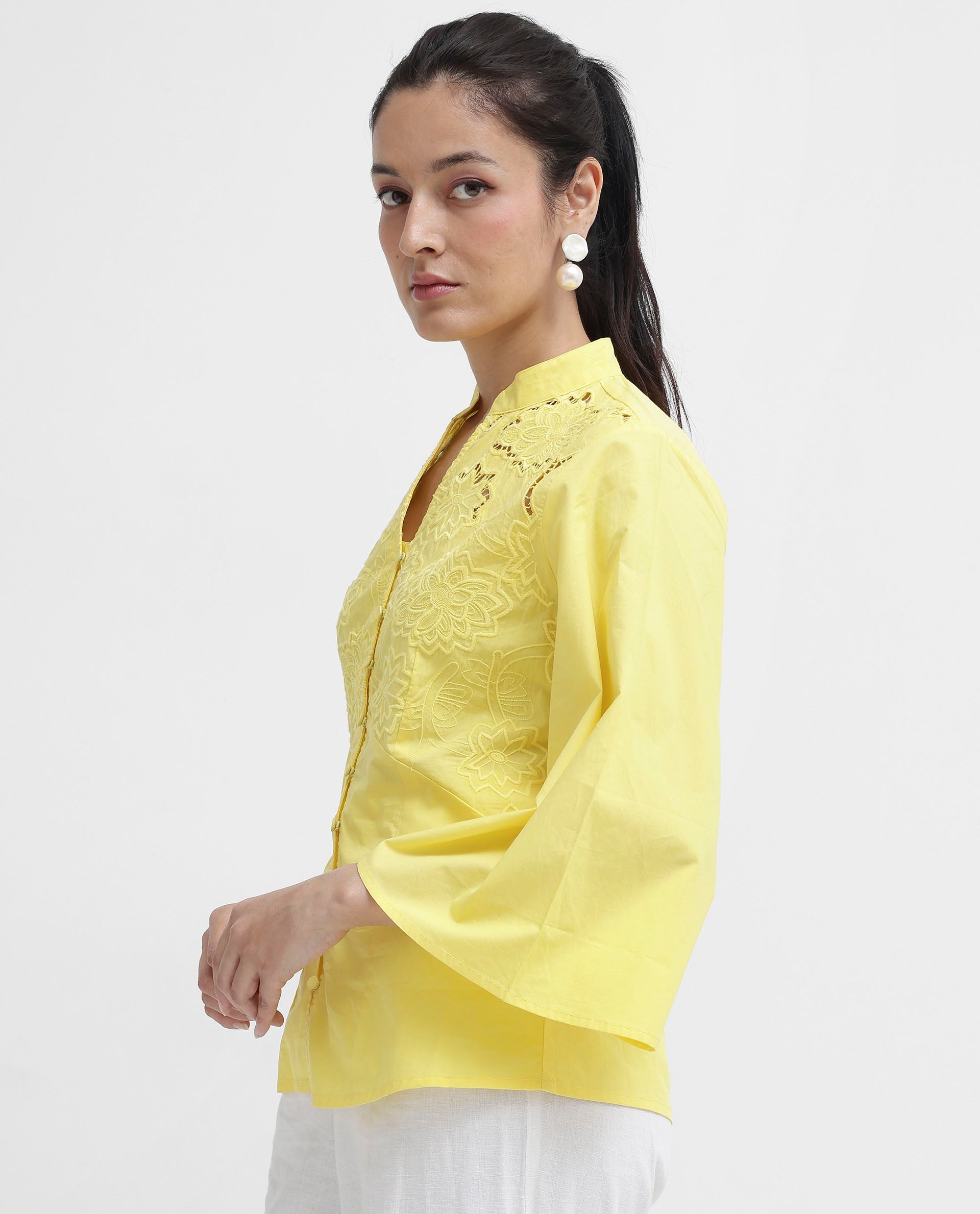 Women'S Badgle-T Pastel Yellow Cotton Fabric Full Sleeve Collared Neck Embroidered Top