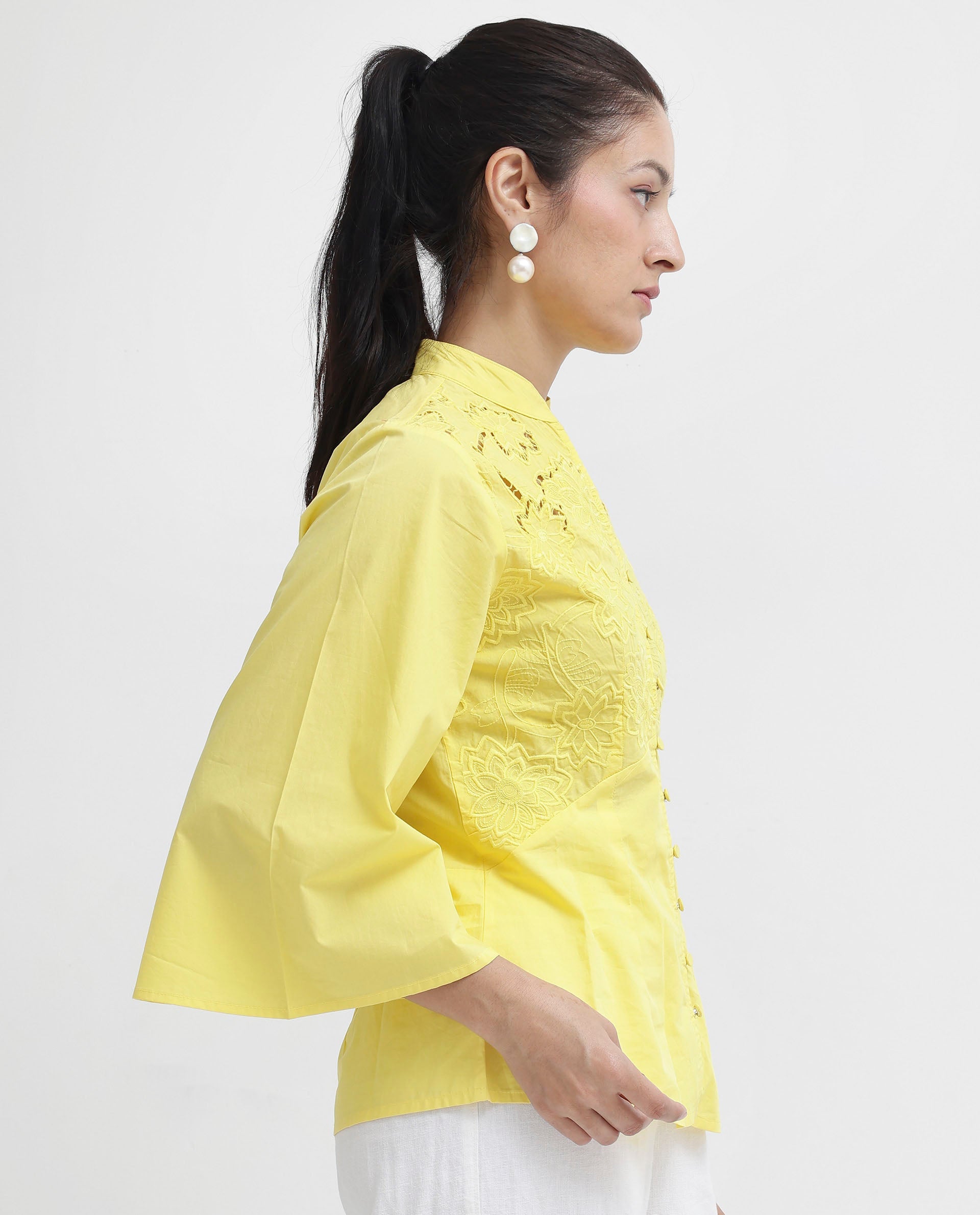 Women'S Badgle-T Pastel Yellow Cotton Fabric Full Sleeve Collared Neck Embroidered Top