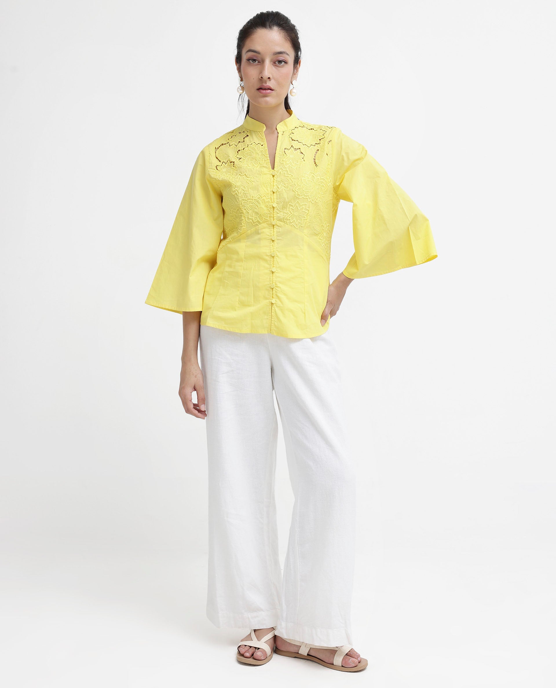 Women'S Badgle-T Pastel Yellow Cotton Fabric Full Sleeve Collared Neck Embroidered Top