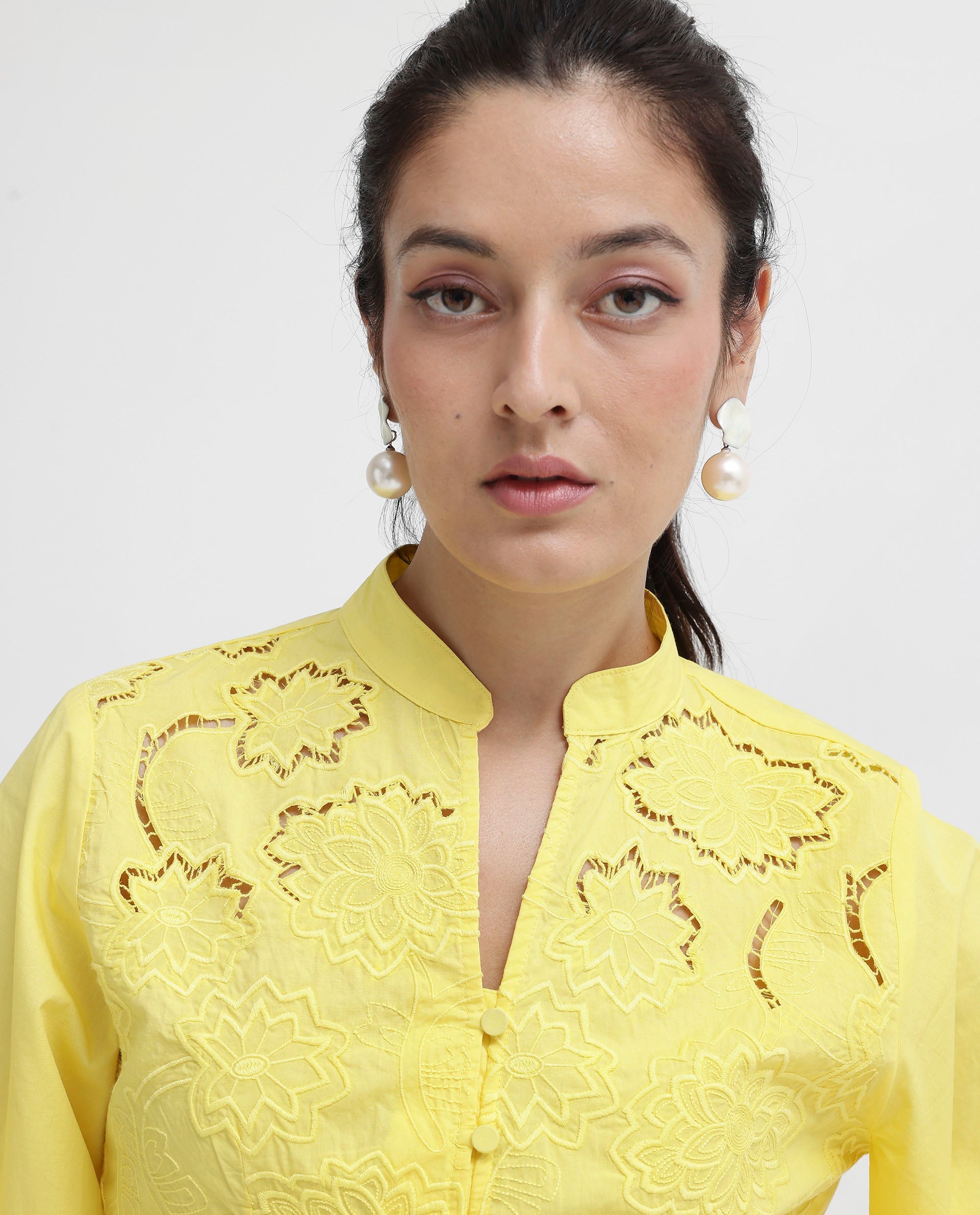 Women'S Badgle-T Pastel Yellow Cotton Fabric Full Sleeve Collared Neck Embroidered Top