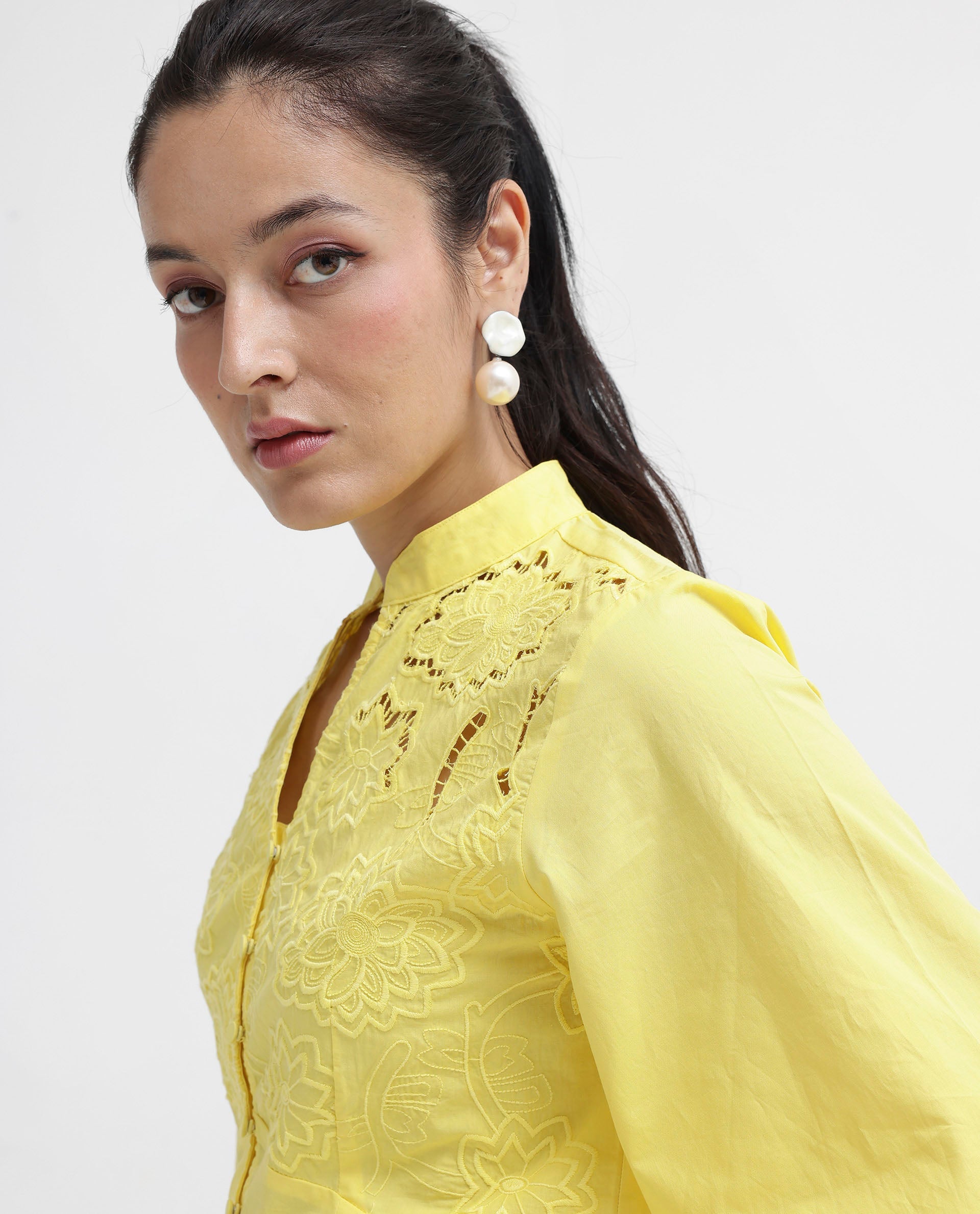 Women'S Badgle-T Pastel Yellow Cotton Fabric Full Sleeve Collared Neck Embroidered Top