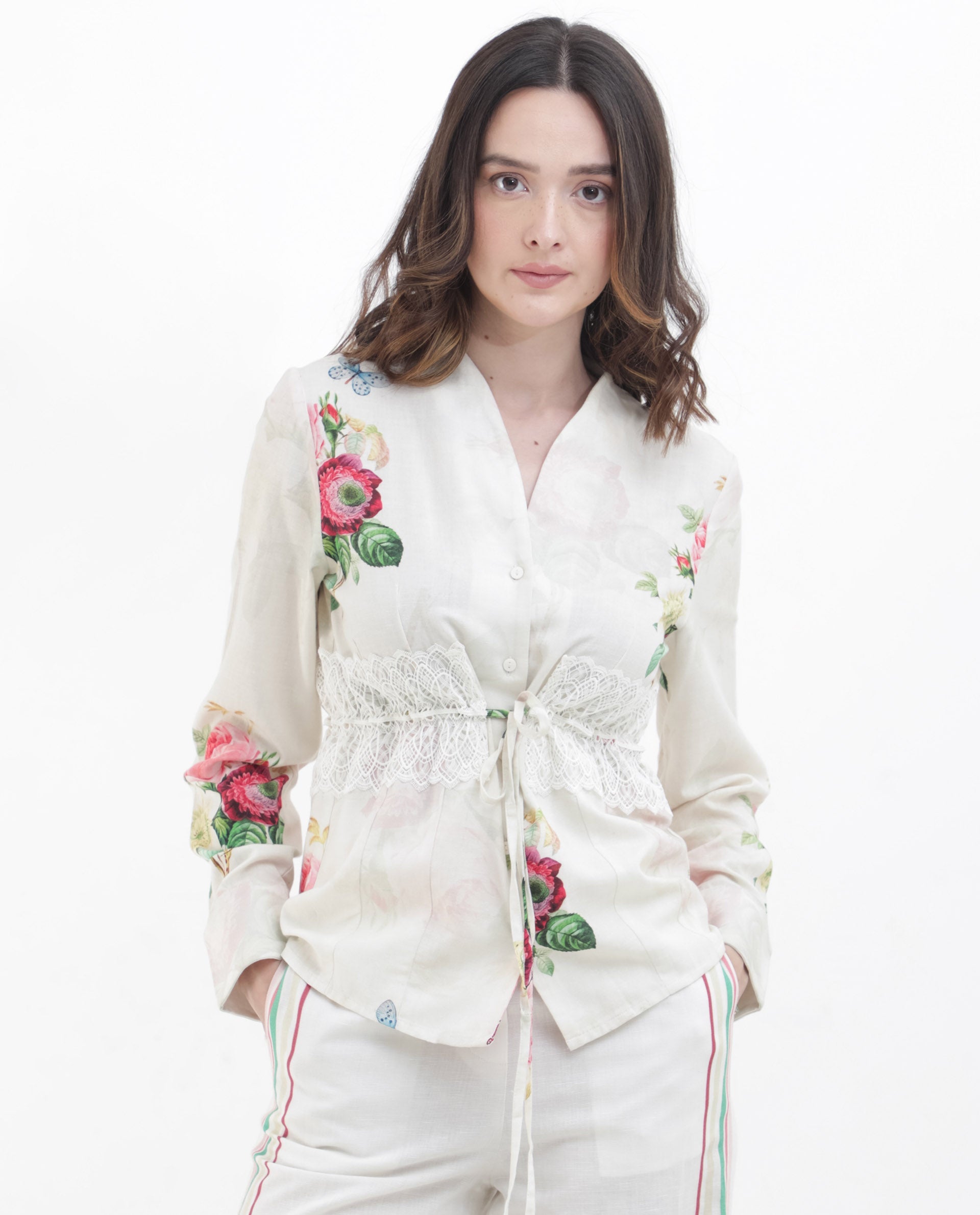 Women'S Banche-T Off White Cotton Linen Fabric Full Sleeve Collared Neck Floral Print Regular Length Top
