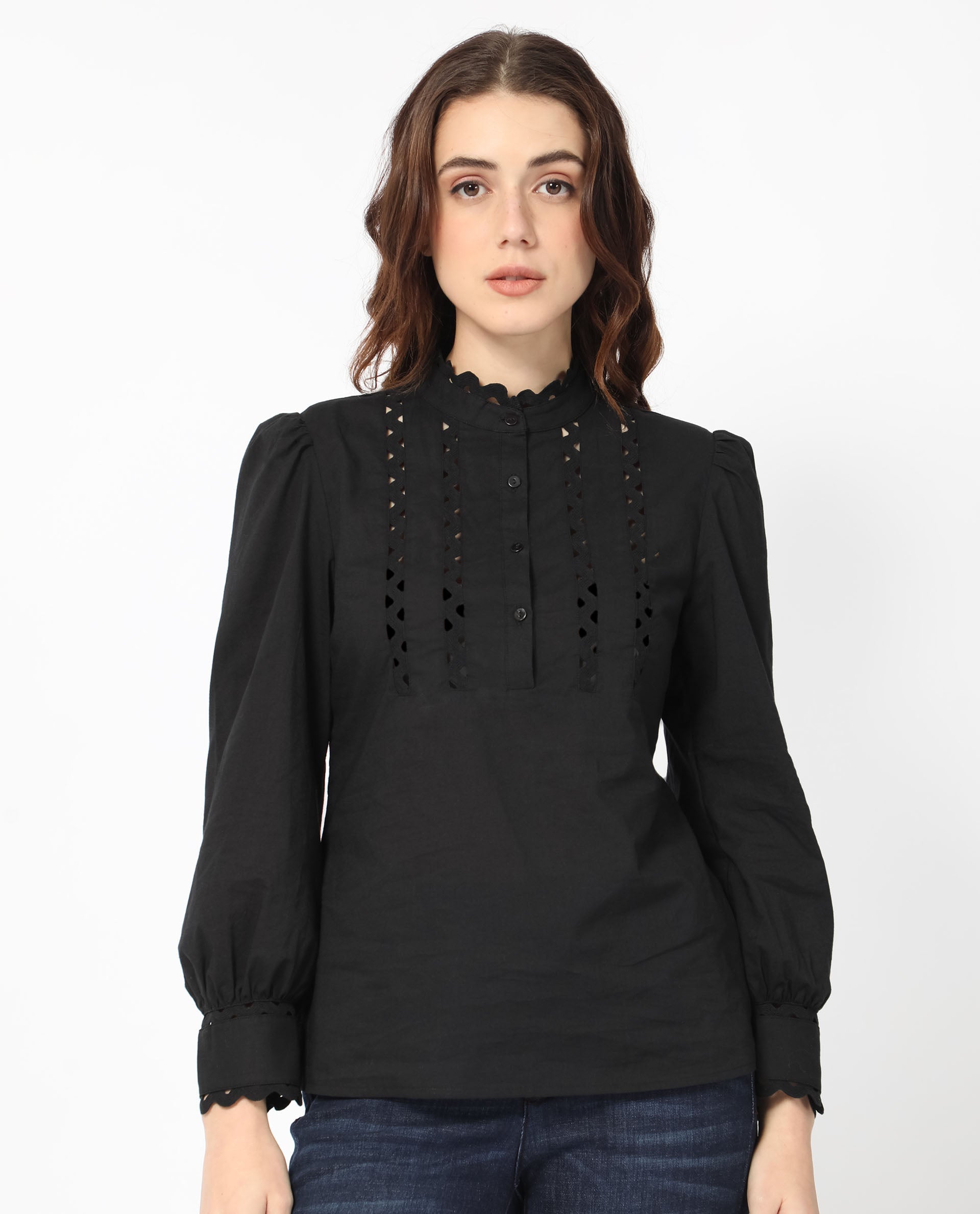 Women'S Basil Black Cotton Fabric Regular Fit Mandarin Collar Full Sleeves Solid Top