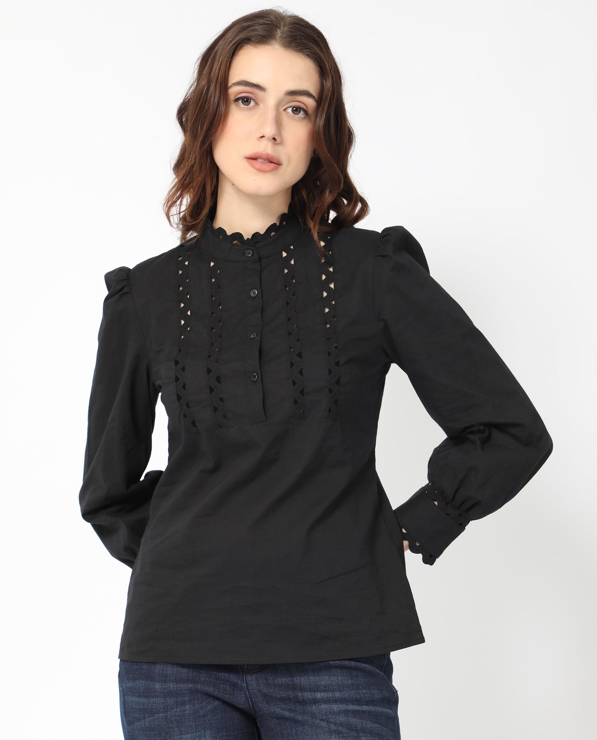 Women'S Basil Black Cotton Fabric Regular Fit Mandarin Collar Full Sleeves Solid Top