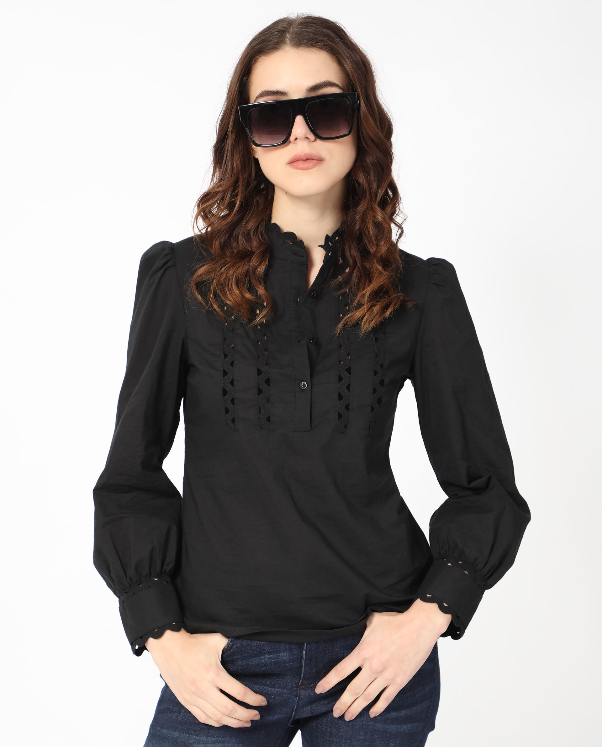 Women'S Basil Black Cotton Fabric Regular Fit Mandarin Collar Full Sleeves Solid Top