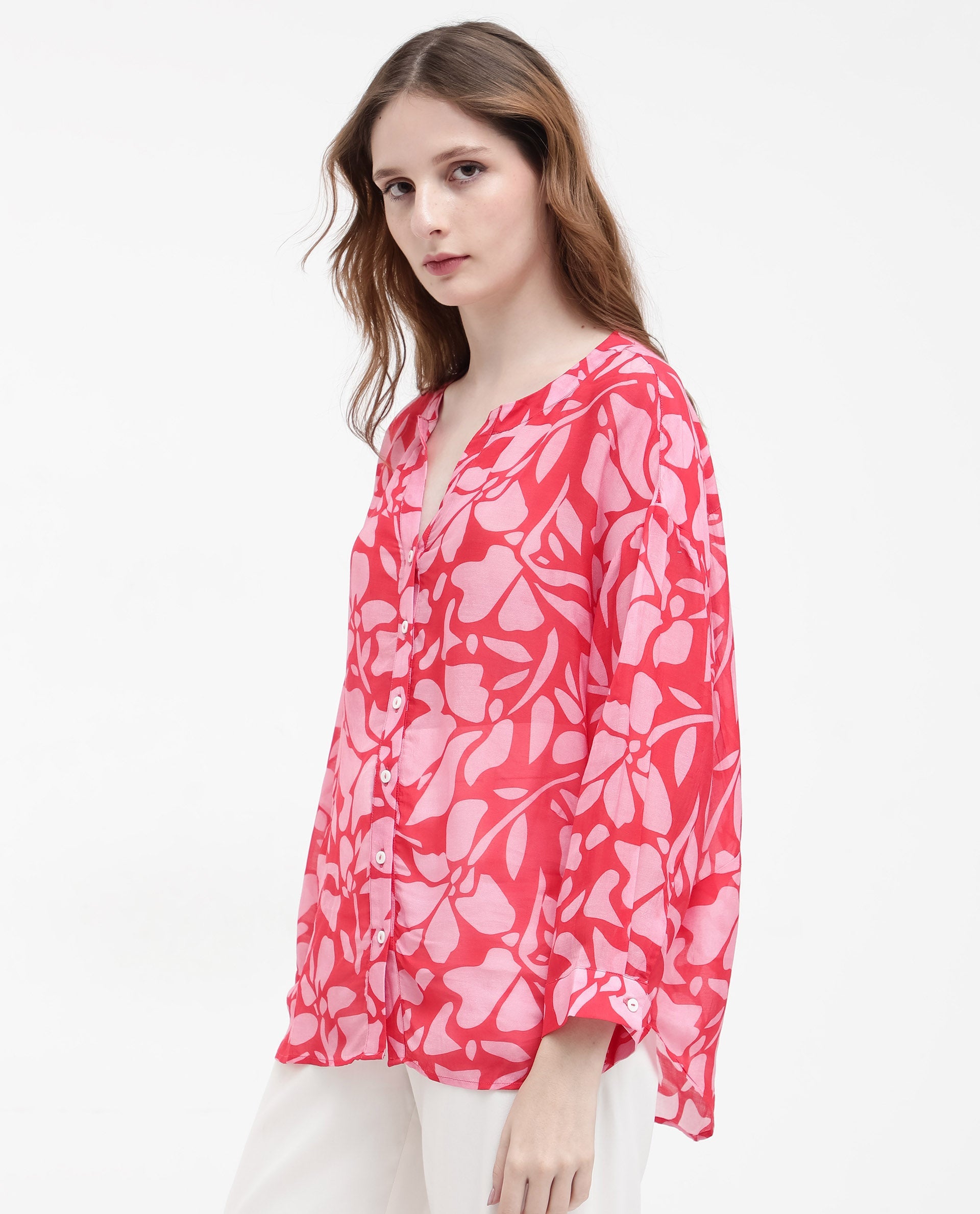 Women'S Bayton Red Button Closure Cuffed Sleeve Mandarin Collar Relaxed Fit Floral Print Top