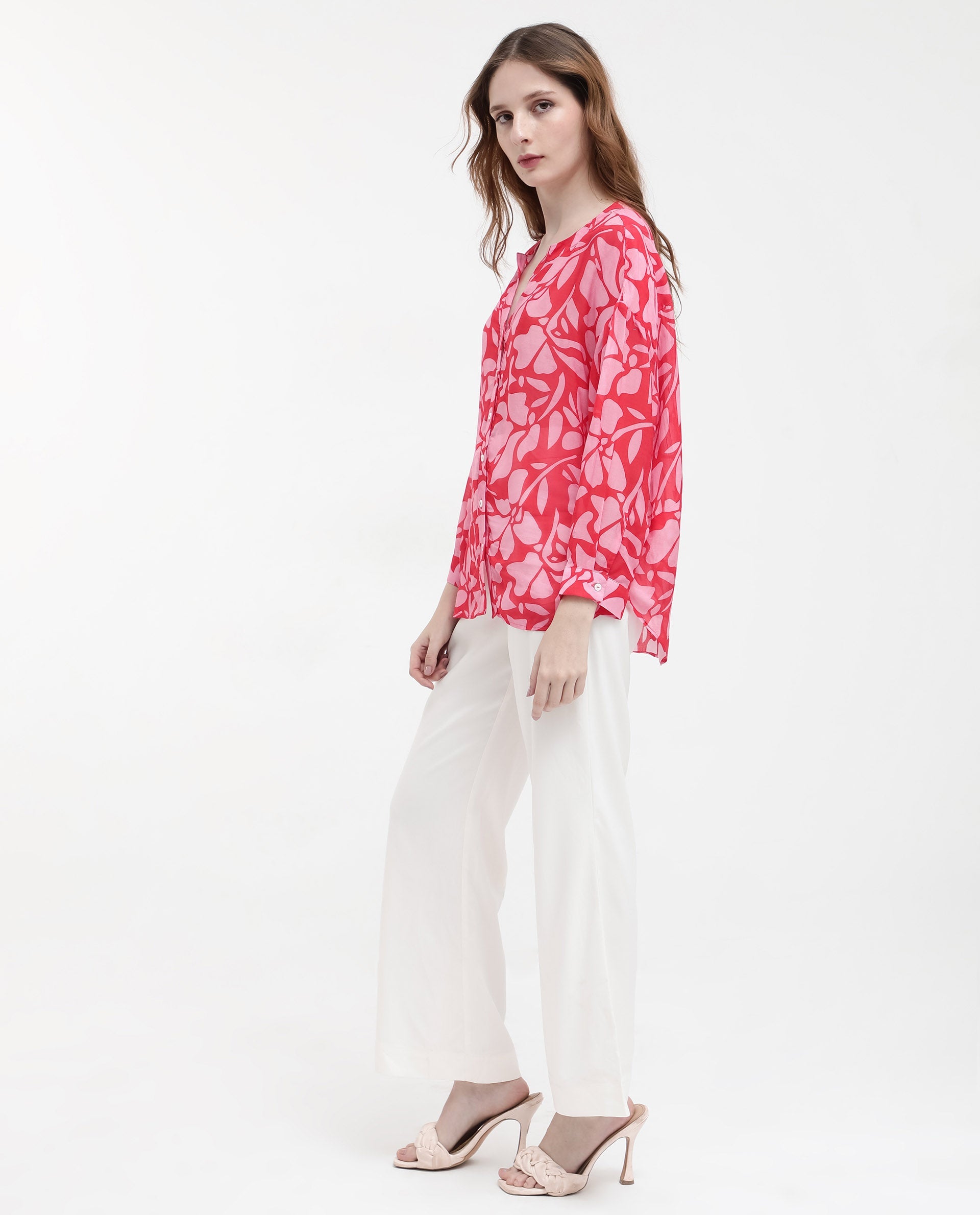 Women'S Bayton Red Button Closure Cuffed Sleeve Mandarin Collar Relaxed Fit Floral Print Top