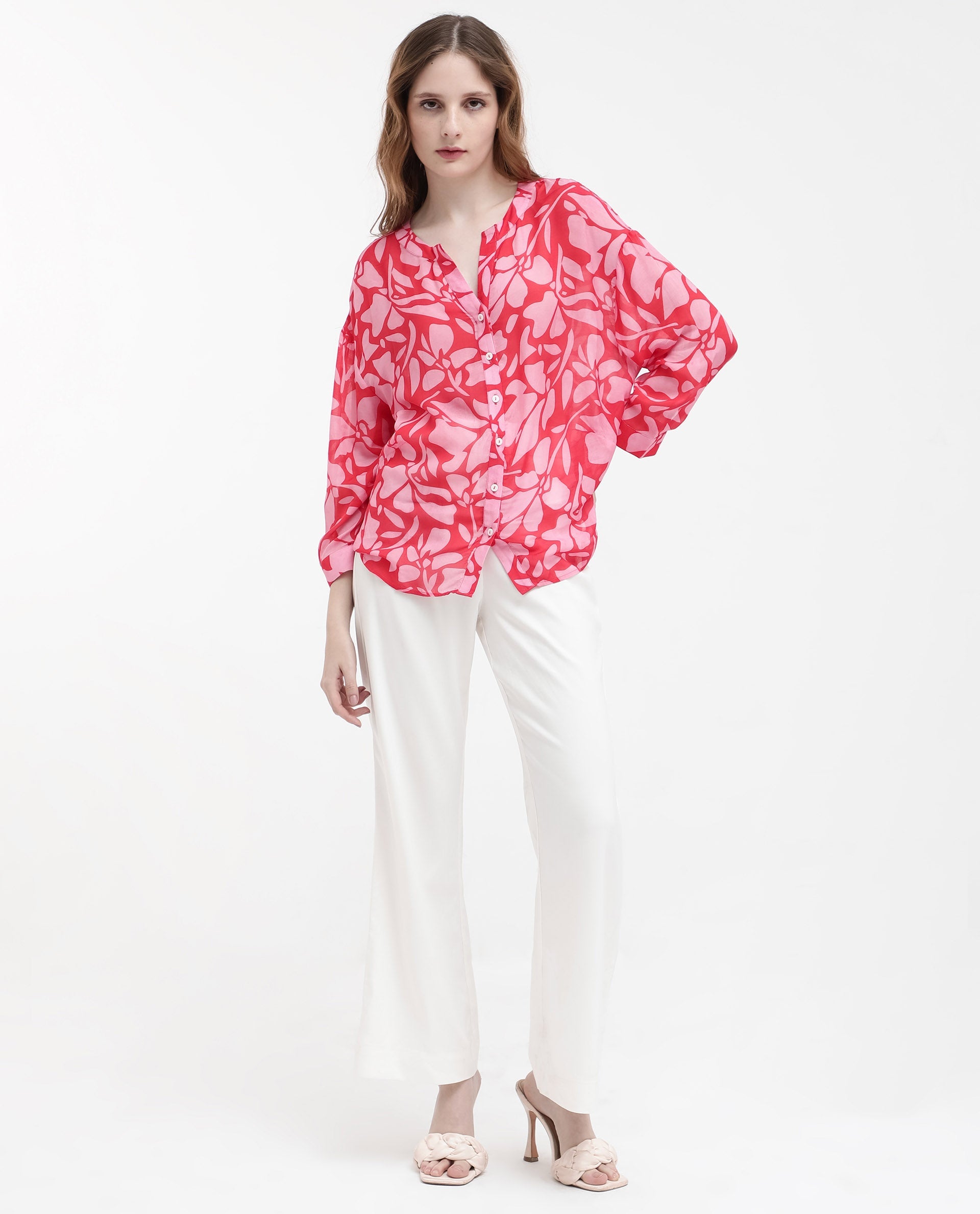 Women'S Bayton Red Button Closure Cuffed Sleeve Mandarin Collar Relaxed Fit Floral Print Top