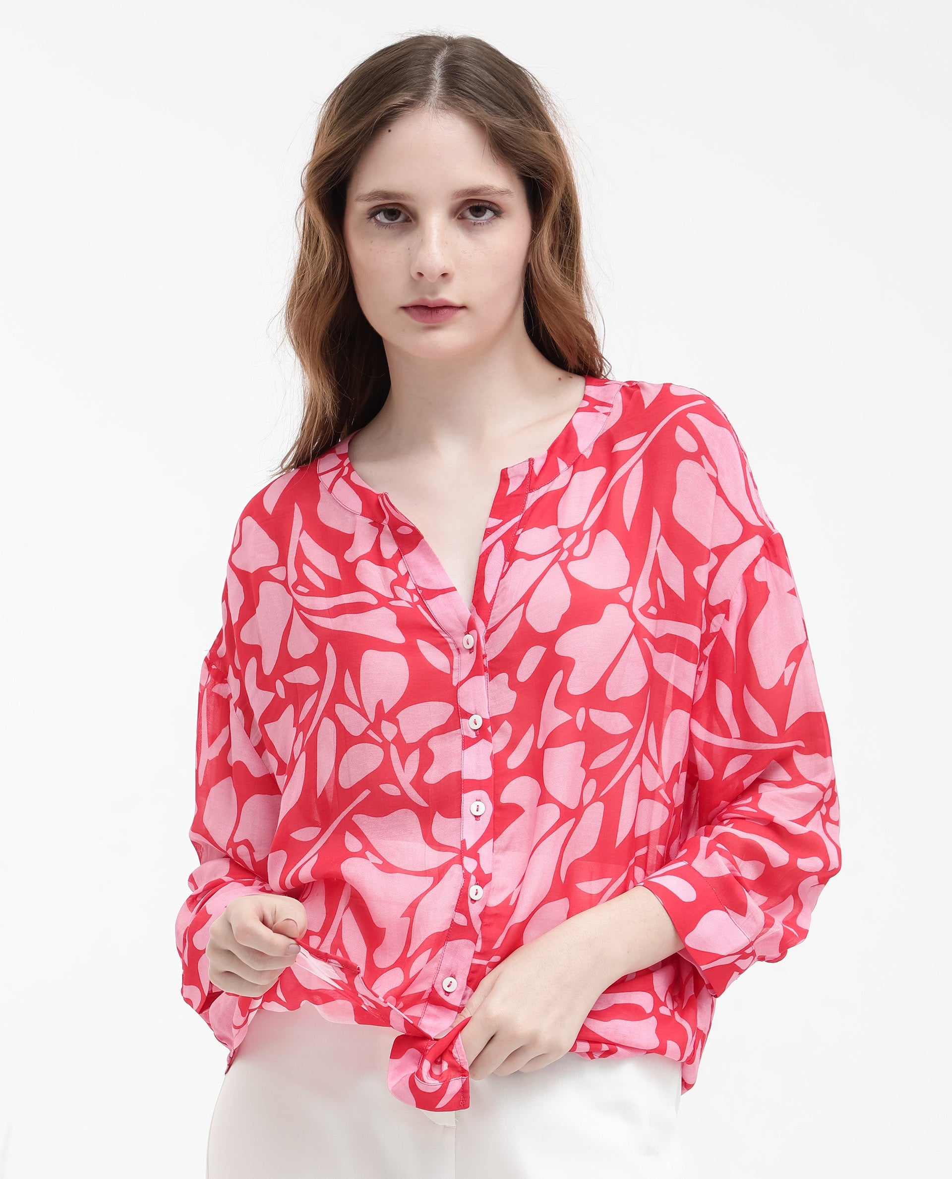 Women'S Bayton Red Button Closure Cuffed Sleeve Mandarin Collar Relaxed Fit Floral Print Top