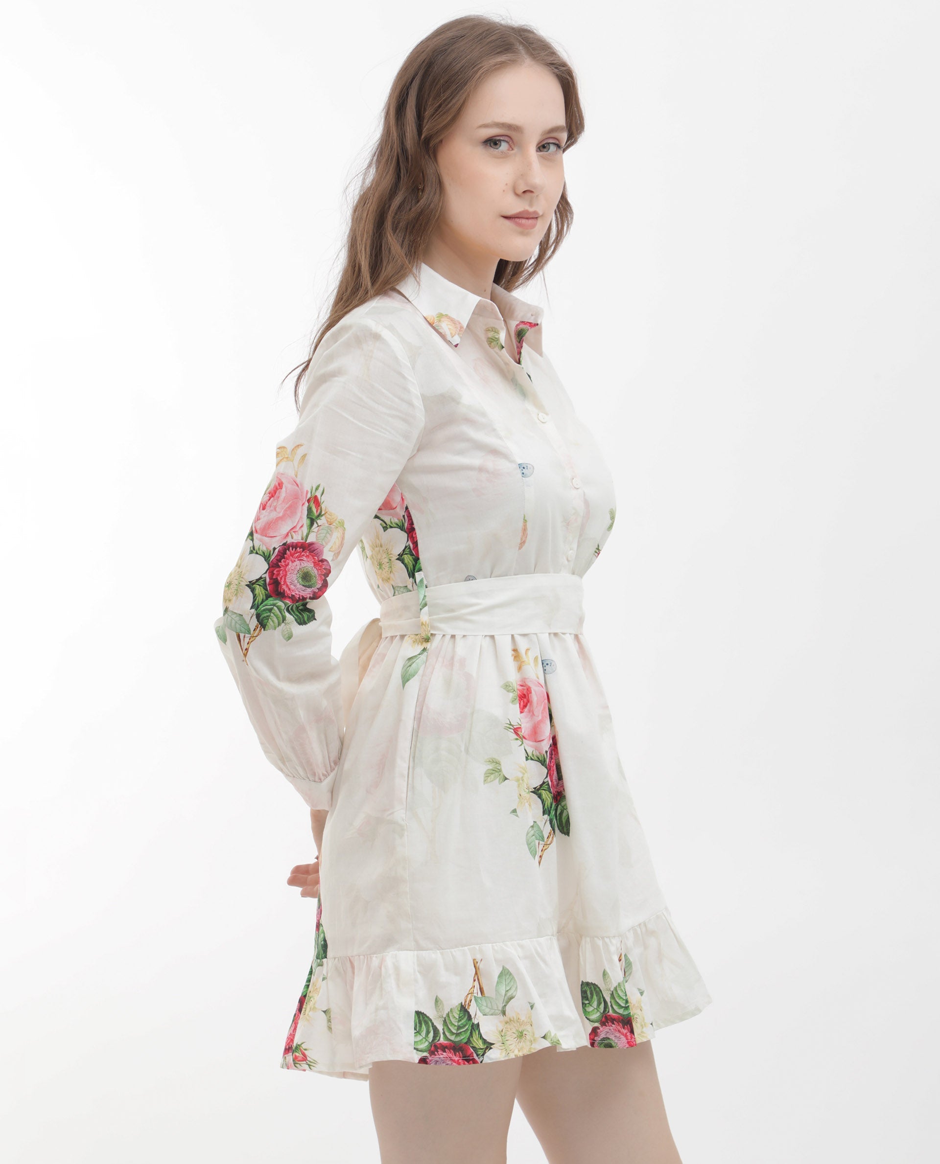 Women'S Blecki Off White Cotton Fabric Regular Sleeves Collared Neck Floral Print Mini Dress