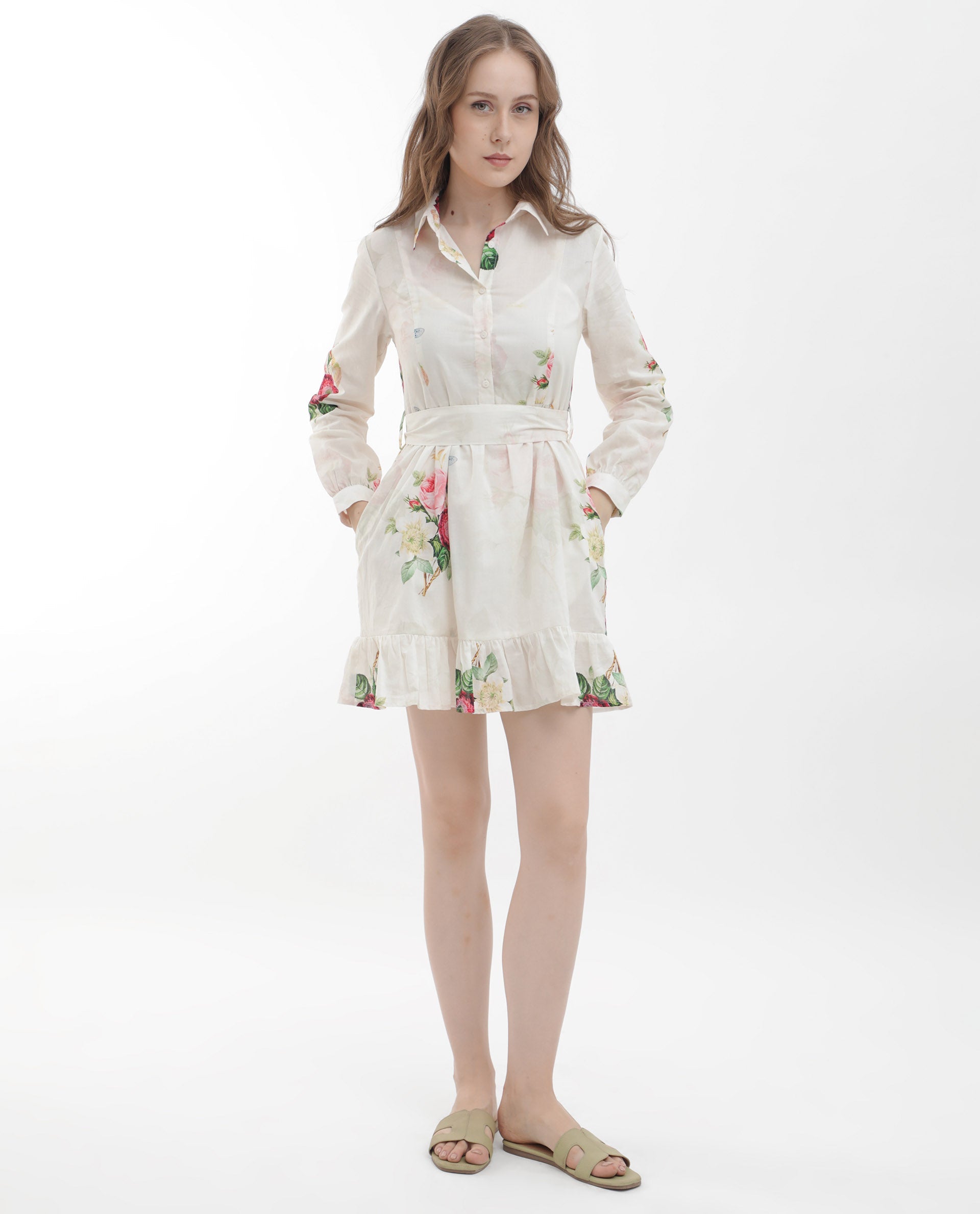 Women'S Blecki Off White Cotton Fabric Regular Sleeves Collared Neck Floral Print Mini Dress