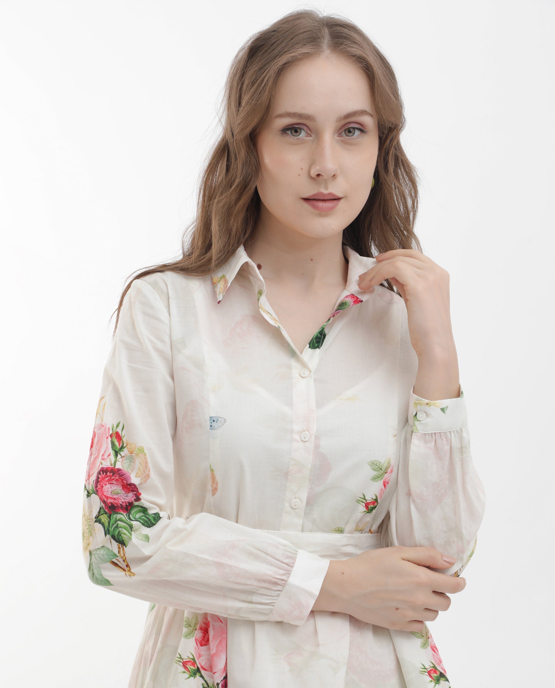 Women'S Blecki Off White Cotton Fabric Regular Sleeves Collared Neck Floral Print Mini Dress