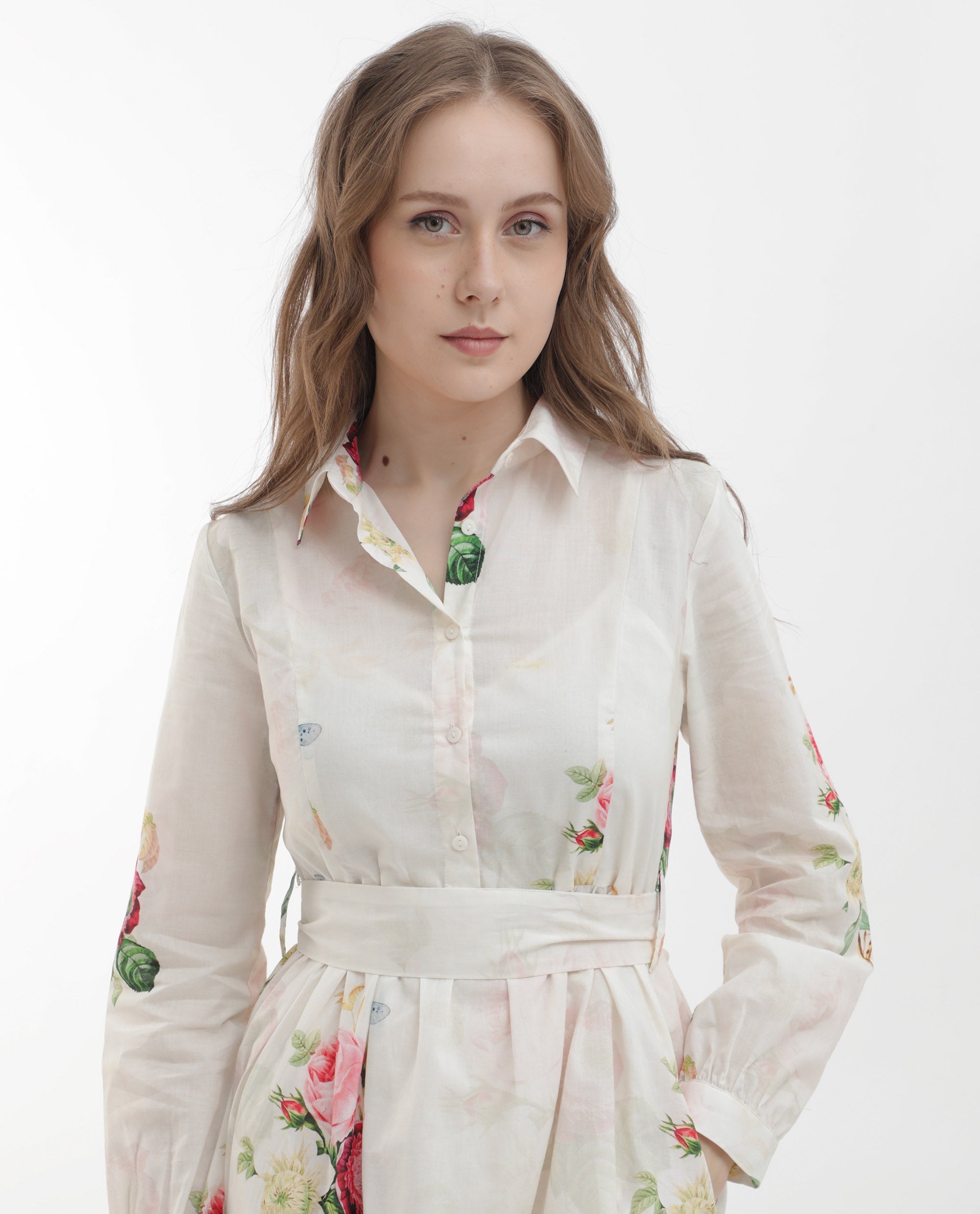 Women'S Blecki Off White Cotton Fabric Regular Sleeves Collared Neck Floral Print Mini Dress