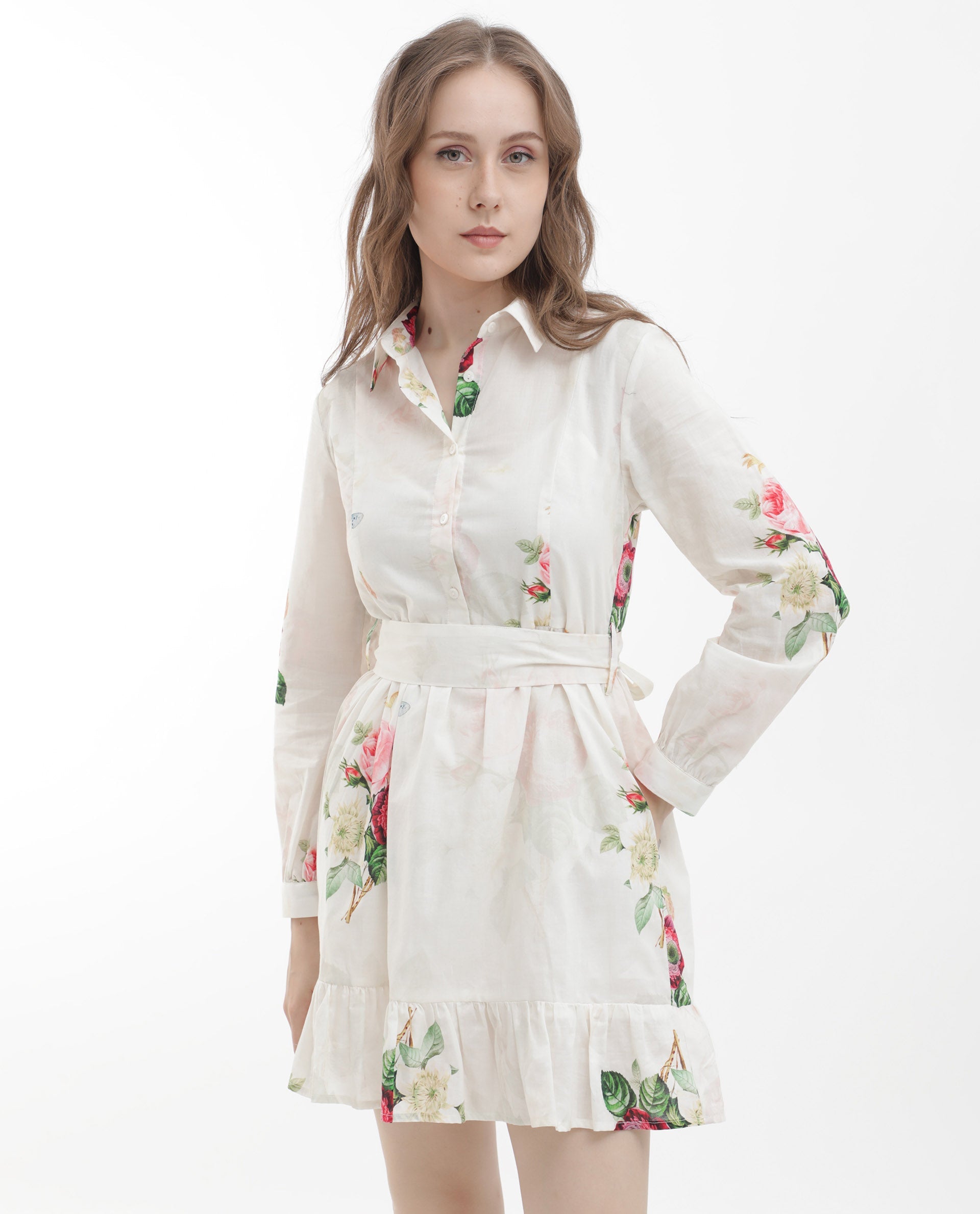 Women'S Blecki Off White Cotton Fabric Regular Sleeves Collared Neck Floral Print Mini Dress