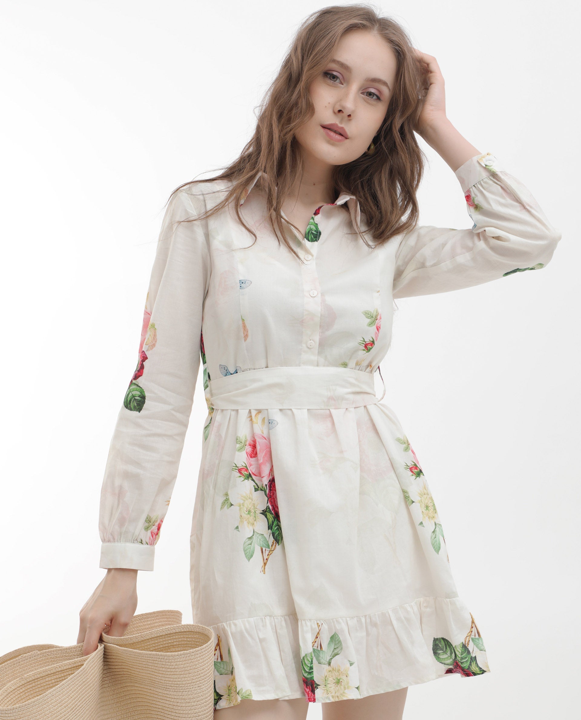 FLORAL PRINT RUFFLE HEM SHIRT DRESS