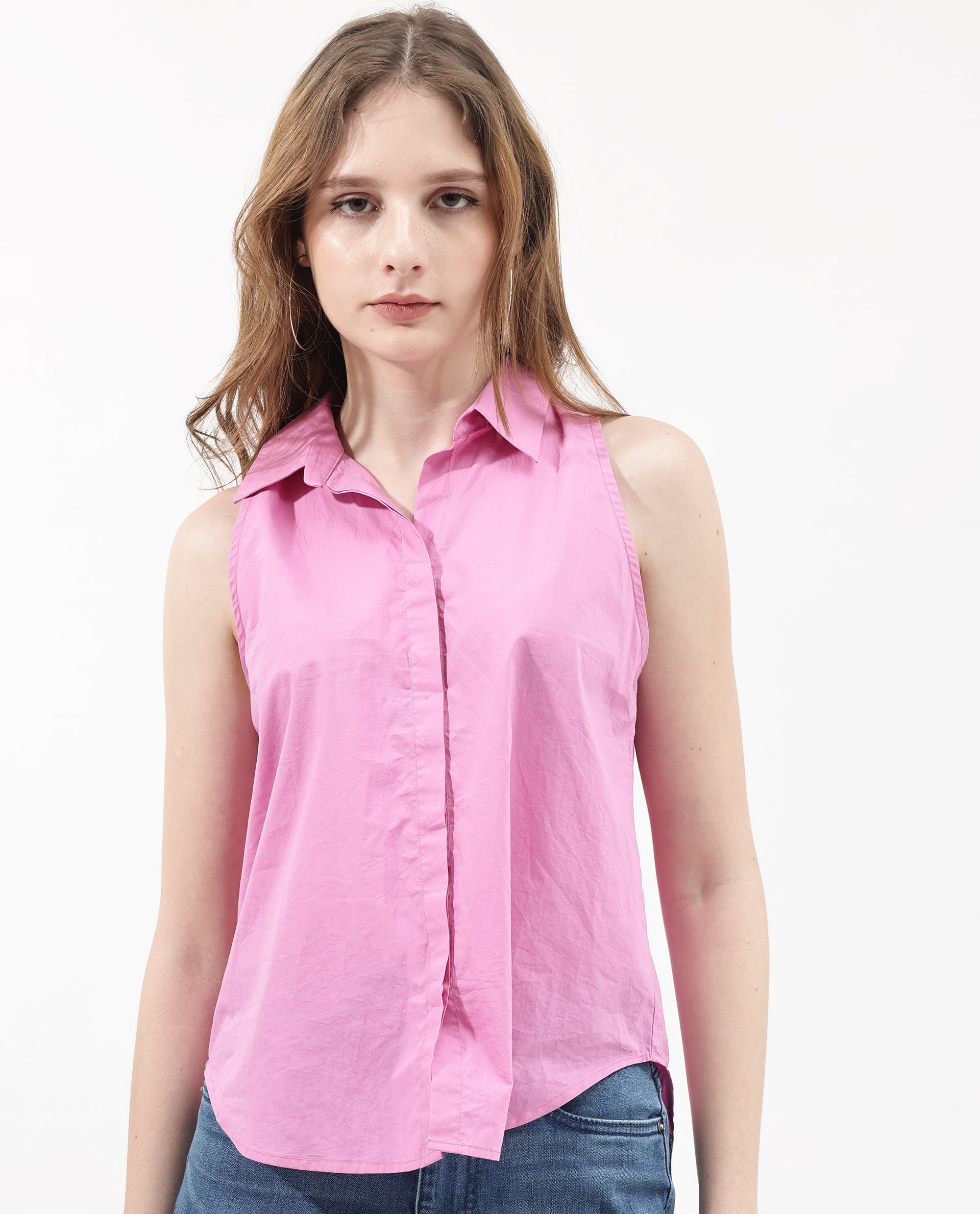 Women'S Blumoon Pink Cotton Fabric Sleeveless Collared Neck Button Closure Solid Regular Fit Top