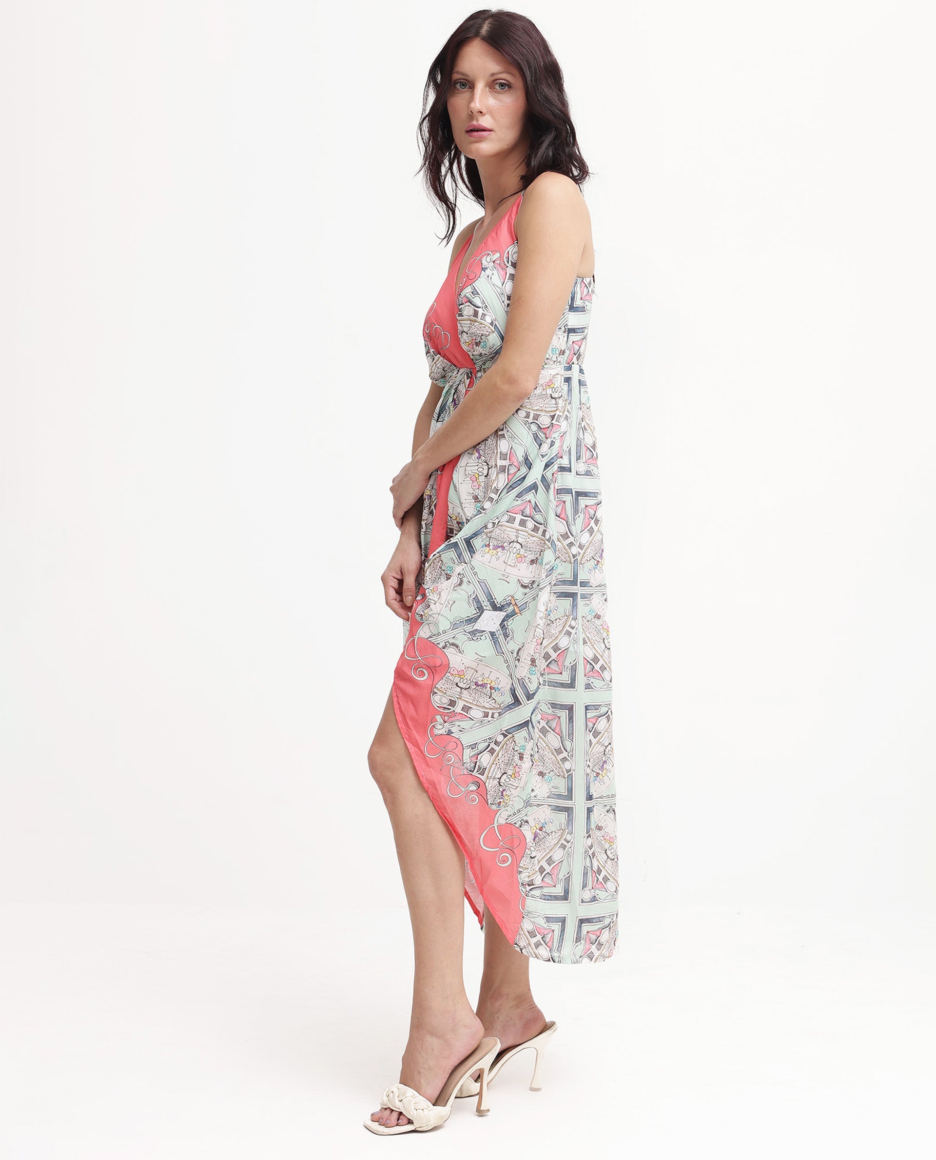Women'S Bluries Pastel Green Cotton Fabric Noodle Strap Abstract Print High Low Length Dress