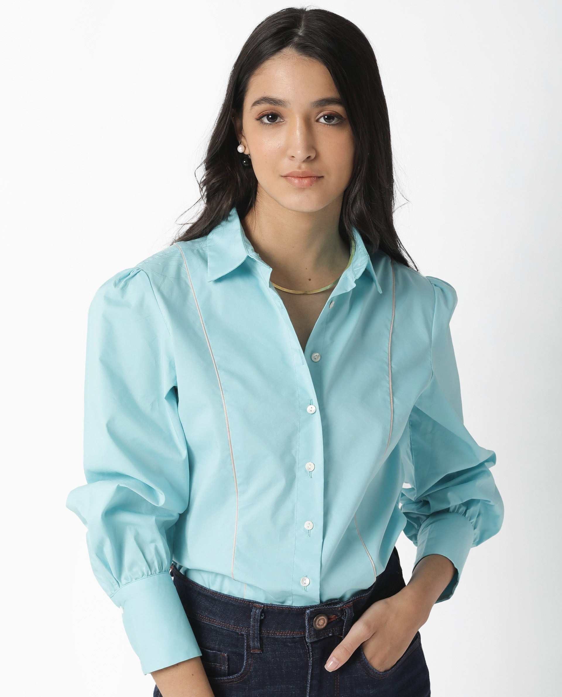 Women'S Bumble Blue Cotton Lycra Fabric Regular Fit Shirt Collar Full Sleeves Solid Top