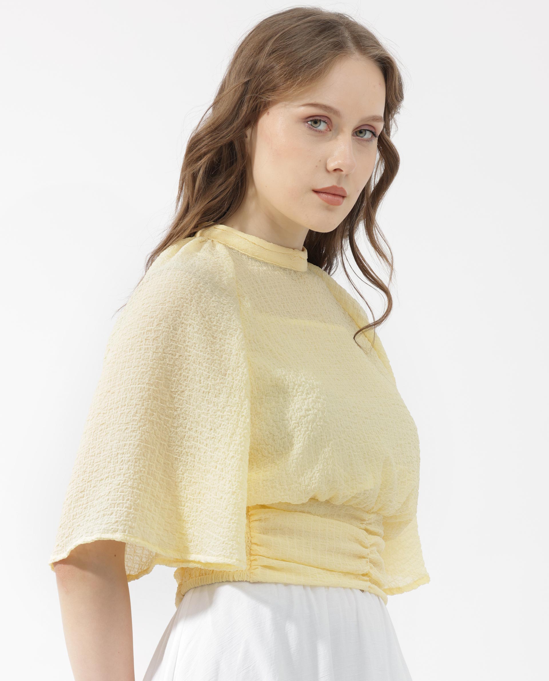 Women'S Chalsey Yellow Polyester Fabric Regular Sleeves Ribbed Collar Solid Regular Length Top