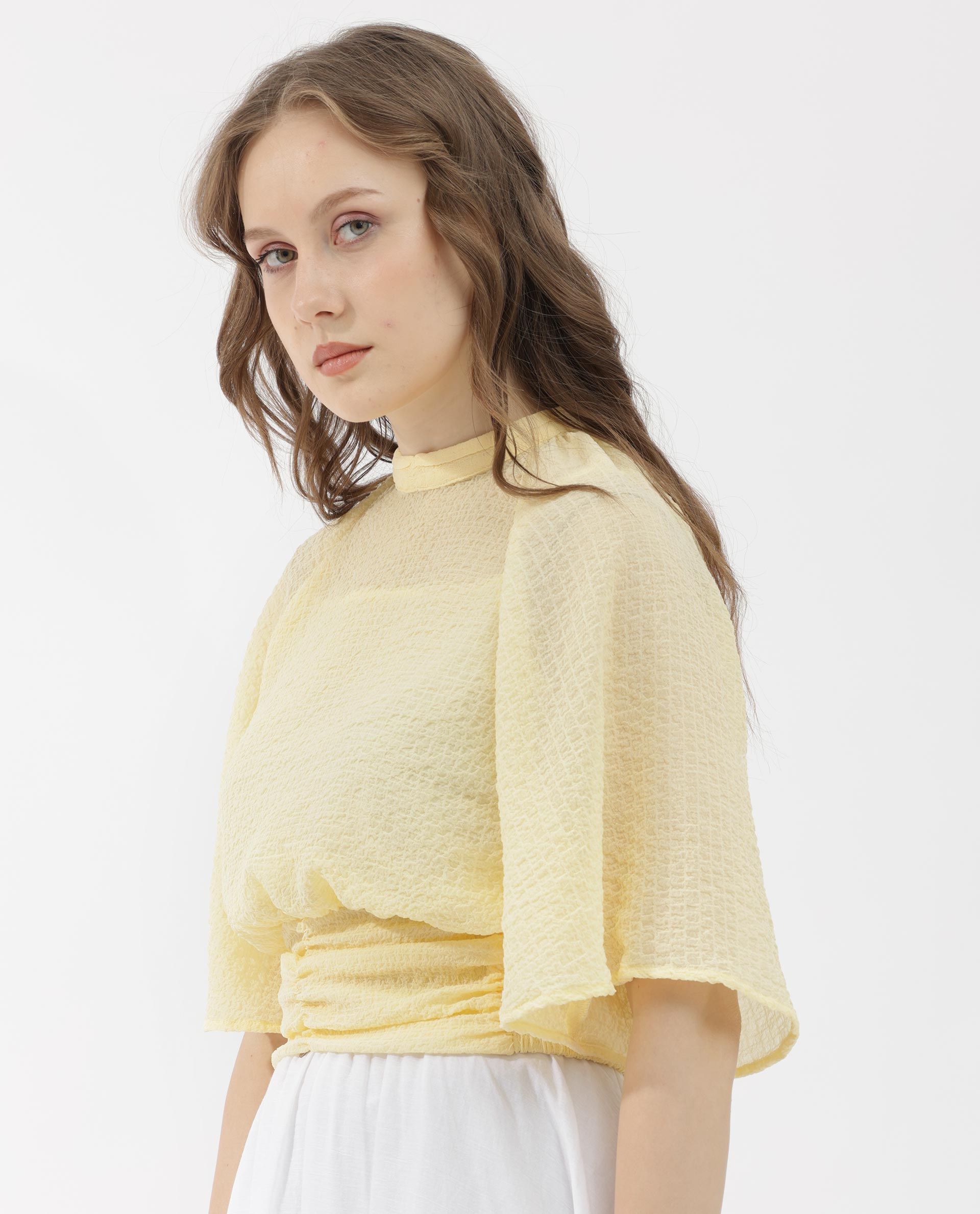 Women'S Chalsey Yellow Polyester Fabric Regular Sleeves Ribbed Collar Solid Regular Length Top