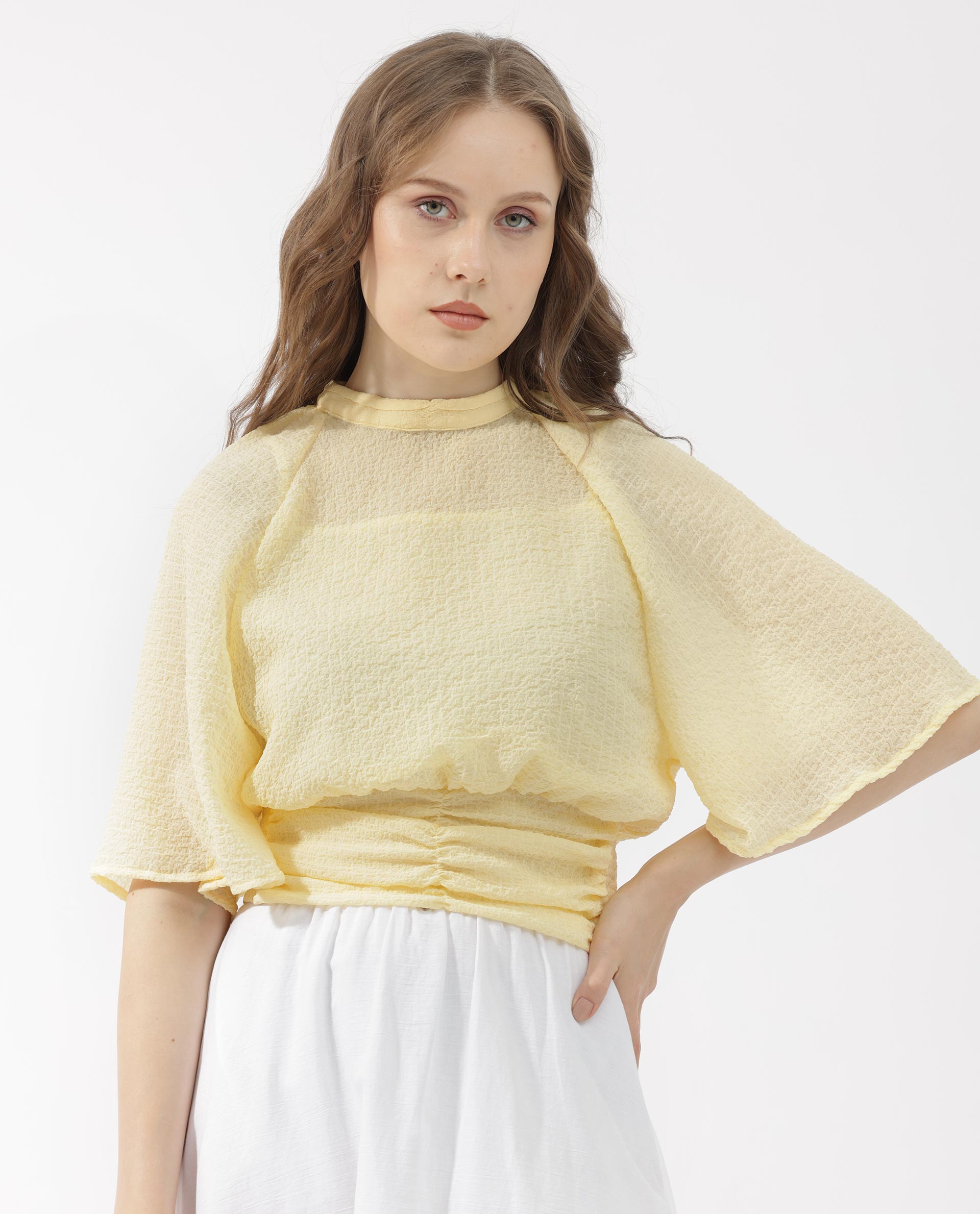 Women'S Chalsey Yellow Polyester Fabric Regular Sleeves Ribbed Collar Solid Regular Length Top