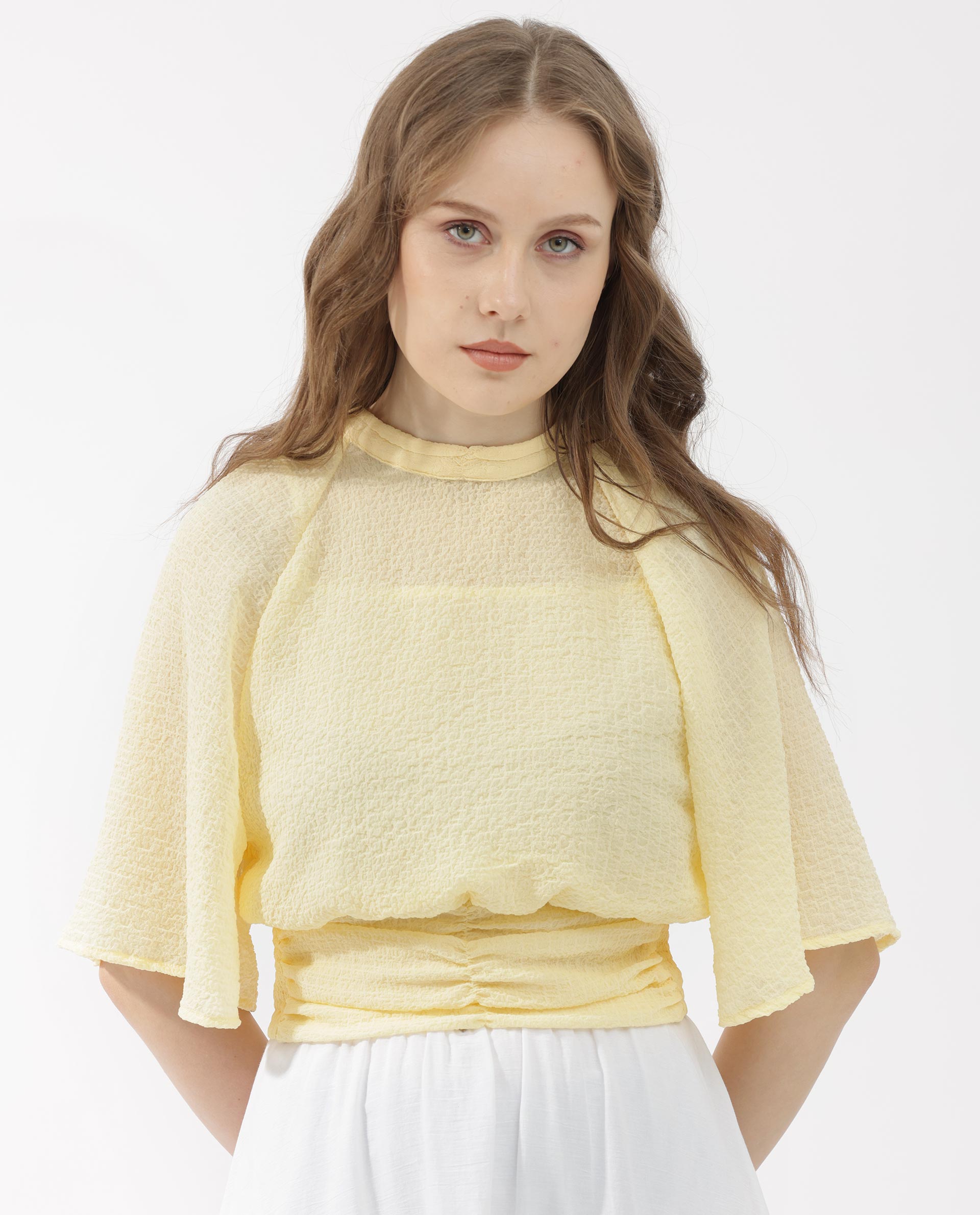 Women'S Chalsey Yellow Polyester Fabric Regular Sleeves Ribbed Collar Solid Regular Length Top