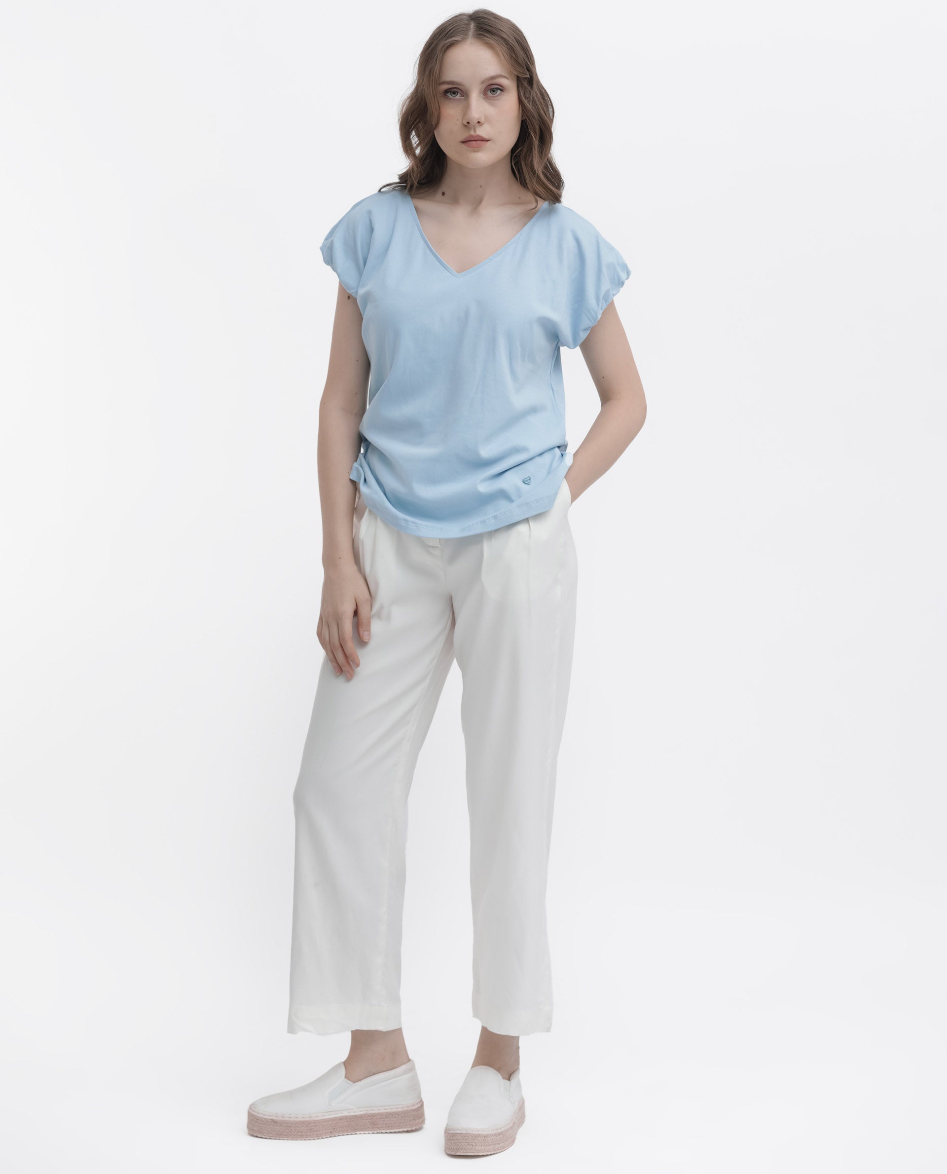 Women'S Conrad Light Blue Cotton Fabric Short Sleeves V-Neck Extended Sleeve Regular Fit Plain Top