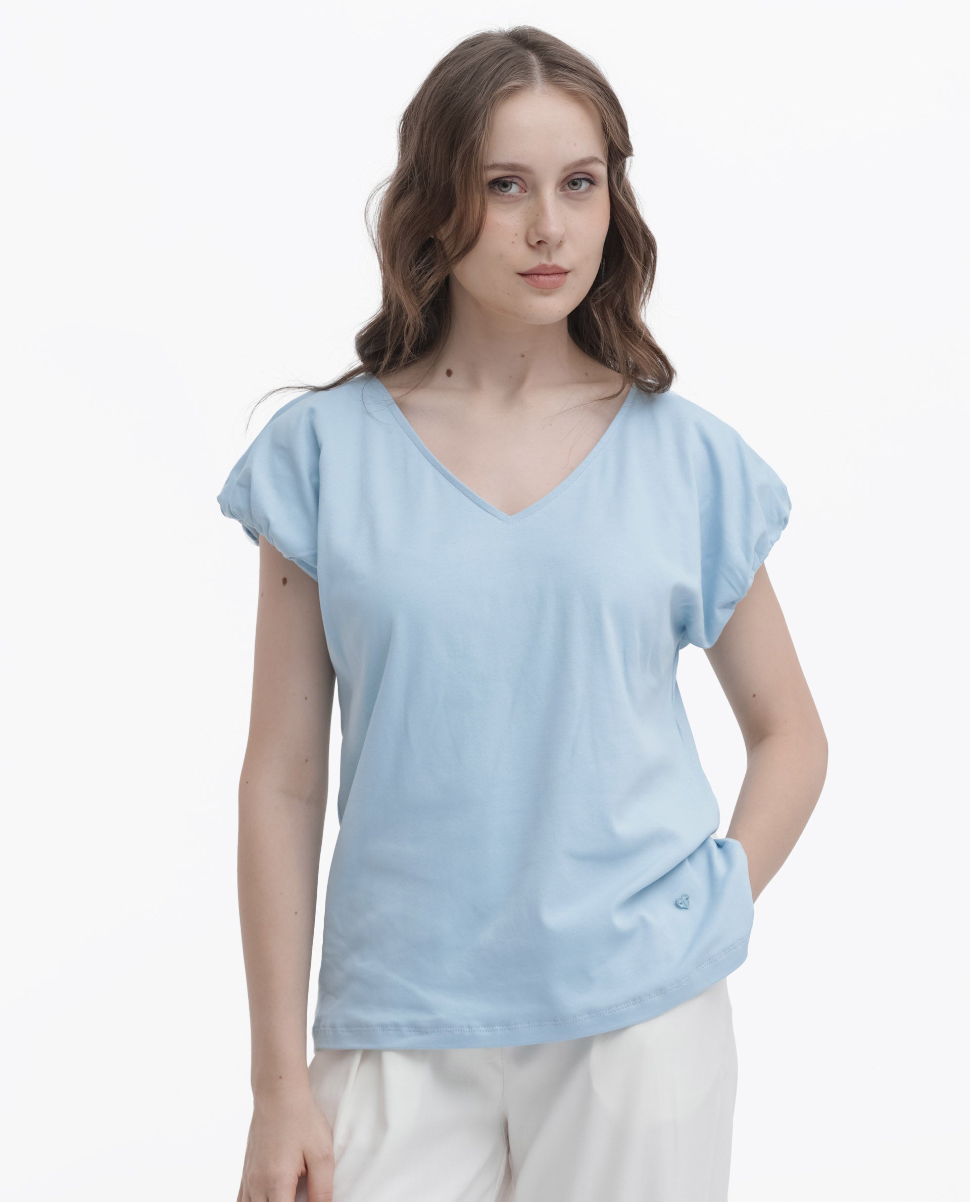 Women'S Conrad Light Blue Cotton Fabric Short Sleeves V-Neck Extended Sleeve Regular Fit Plain Top