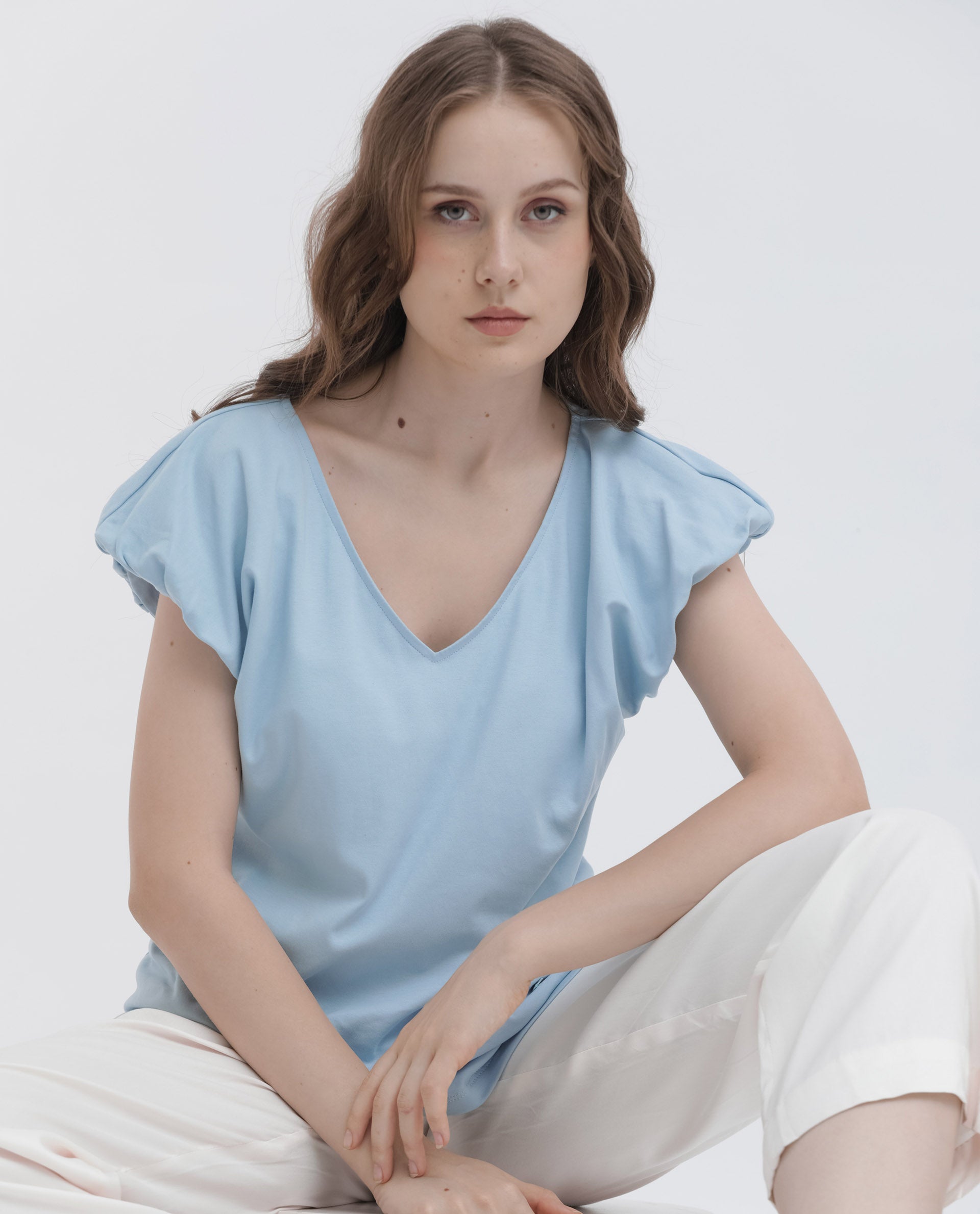 Women'S Conrad Light Blue Cotton Fabric Short Sleeves V-Neck Extended Sleeve Regular Fit Plain Top