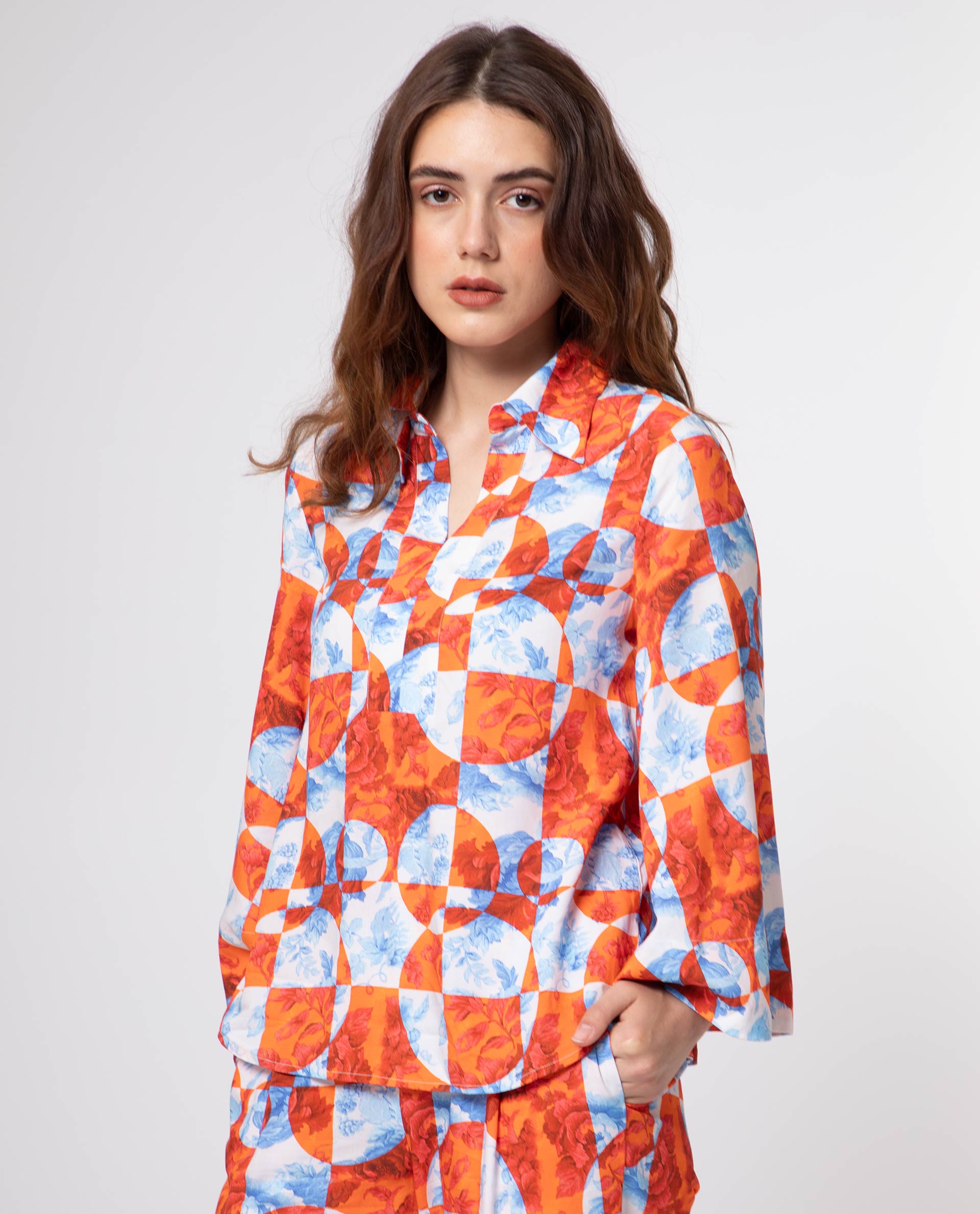 Women'S Crawford Orange Viscose Fabric 3/4Th Sleeves Shirt Collar Flared Sleeve Regular Fit Floral Print Top