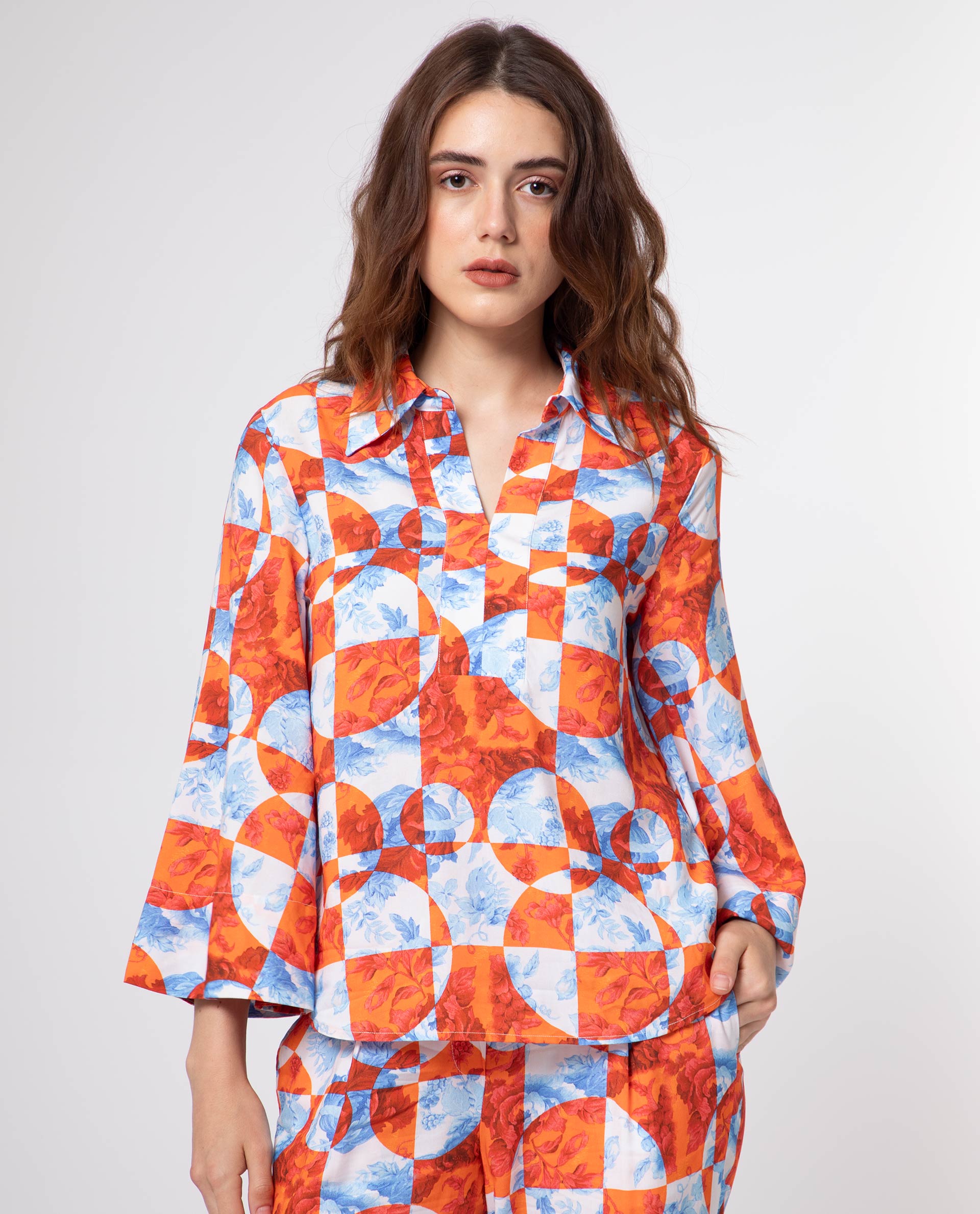 Women'S Crawford Orange Viscose Fabric 3/4Th Sleeves Shirt Collar Flared Sleeve Regular Fit Floral Print Top