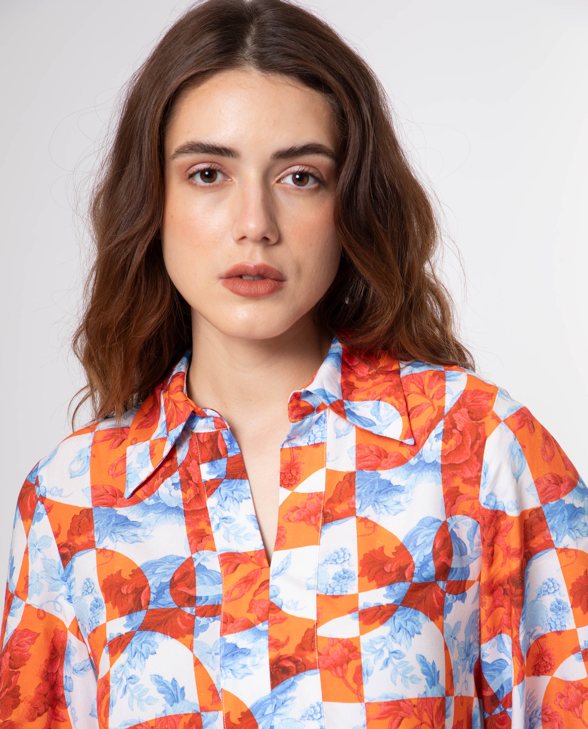 Women'S Crawford Orange Viscose Fabric 3/4Th Sleeves Shirt Collar Flared Sleeve Regular Fit Floral Print Top