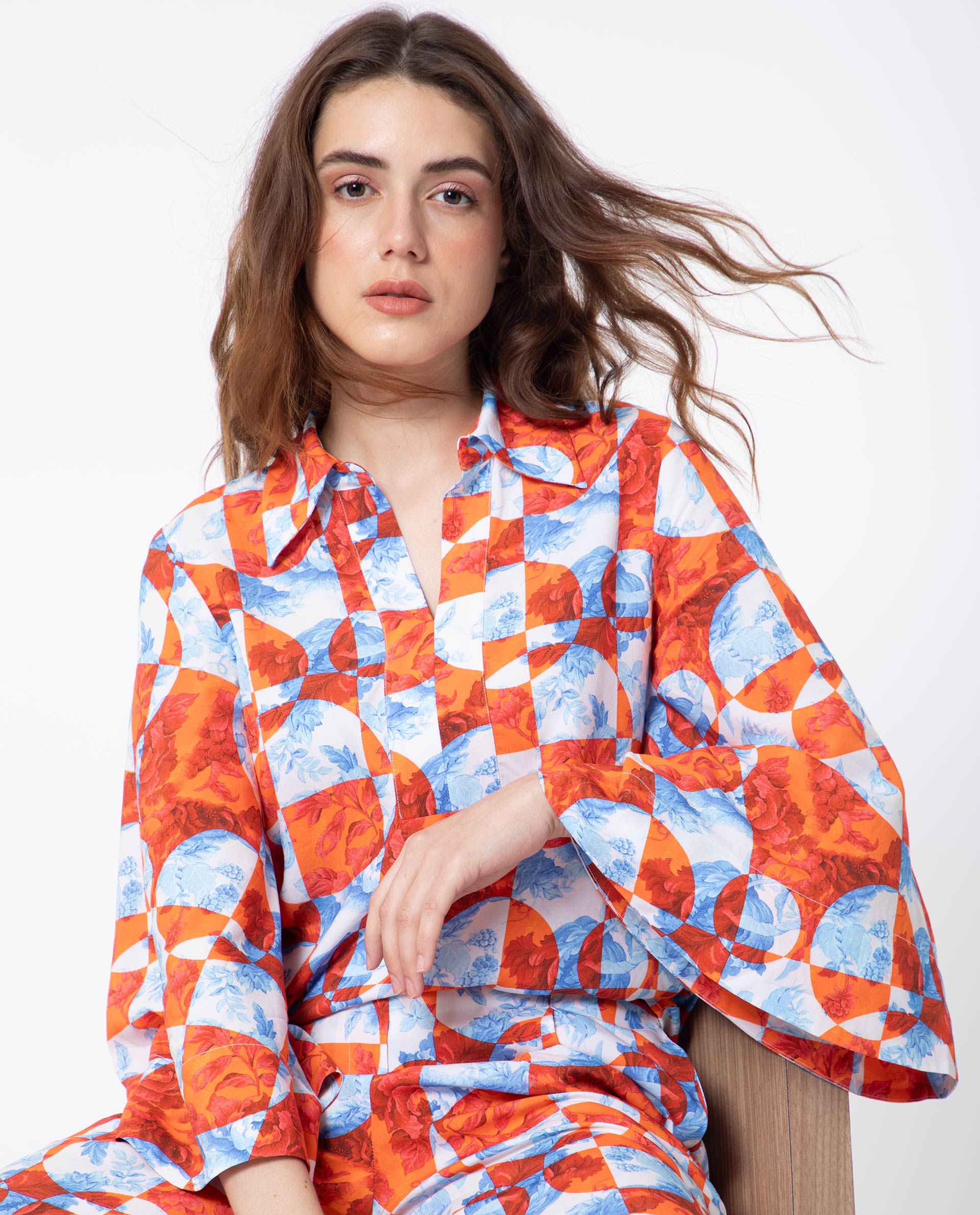 Women'S Crawford Orange Viscose Fabric 3/4Th Sleeves Shirt Collar Flared Sleeve Regular Fit Floral Print Top