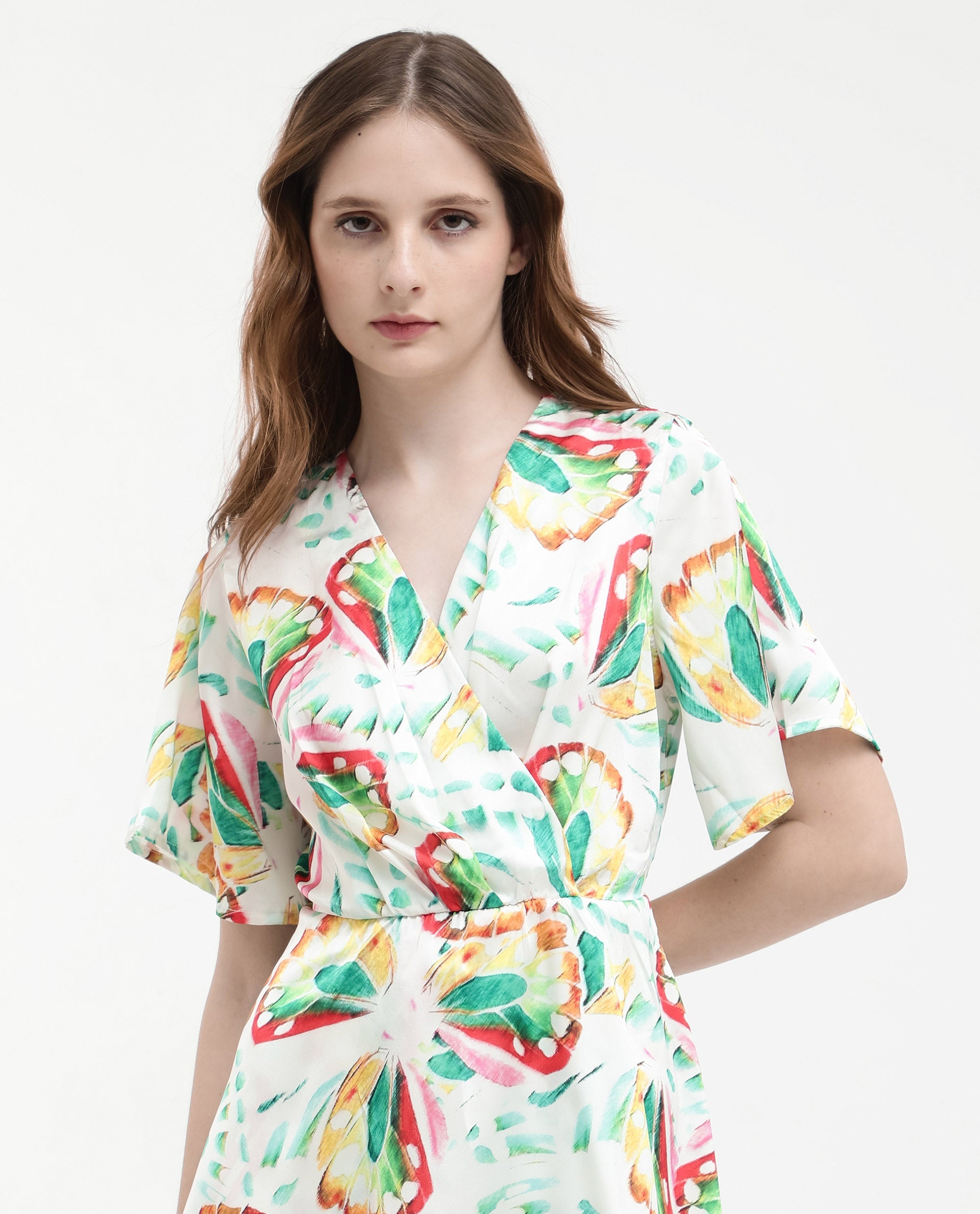 Women'S Crelomi Light Multi Polyester Fabric Abstract Print Overlap Neck Dress