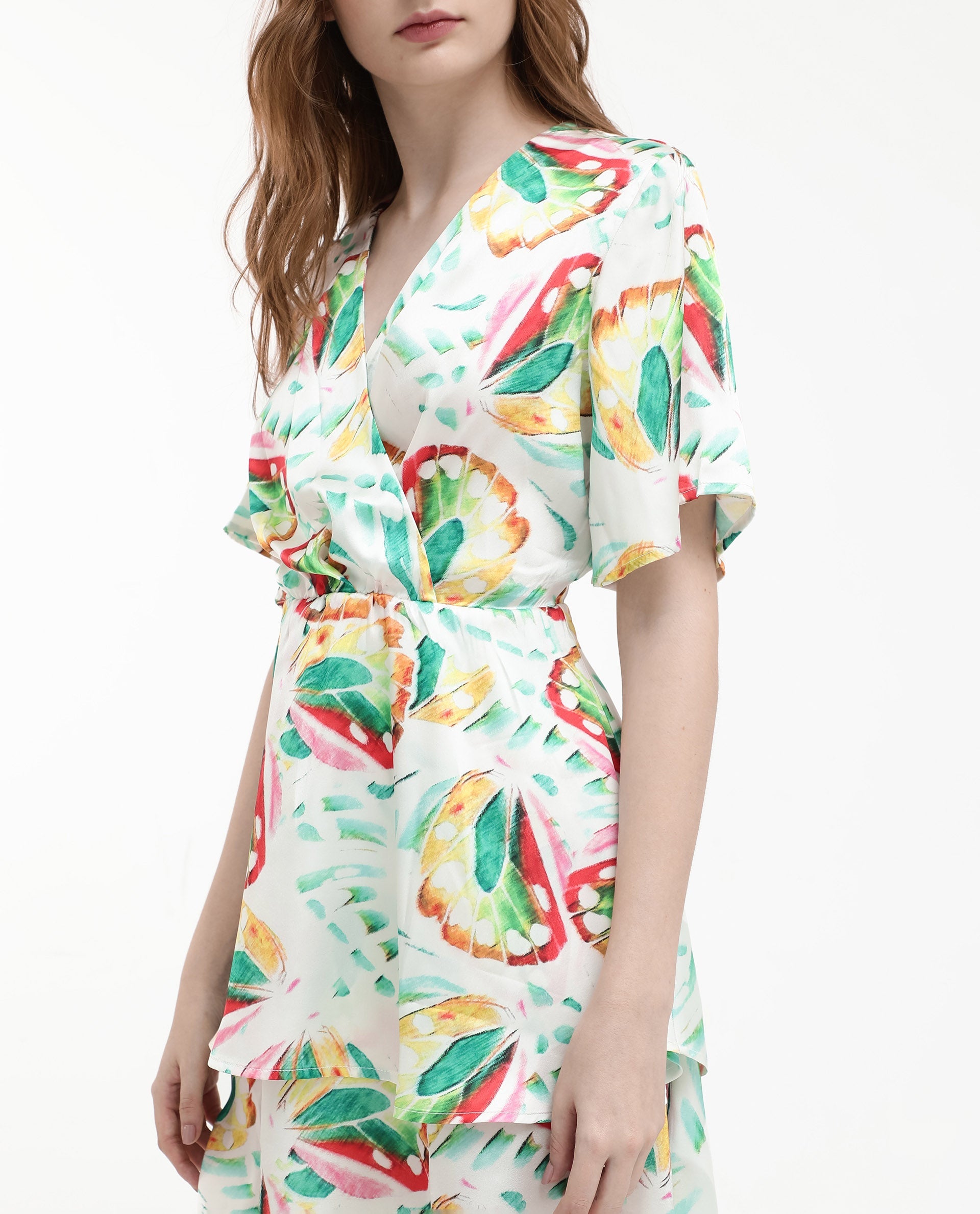Women'S Crelomi Light Multi Polyester Fabric Abstract Print Overlap Neck Dress